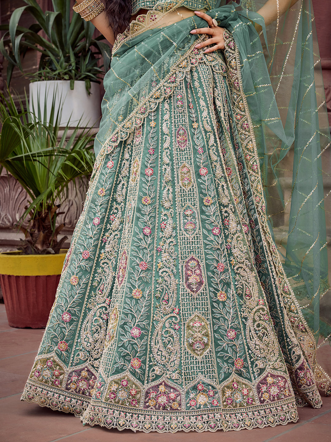 LIMEGREEN - Net Fabric Sequins embroidery Lehenga & Unstitched Blouse With Dupatta