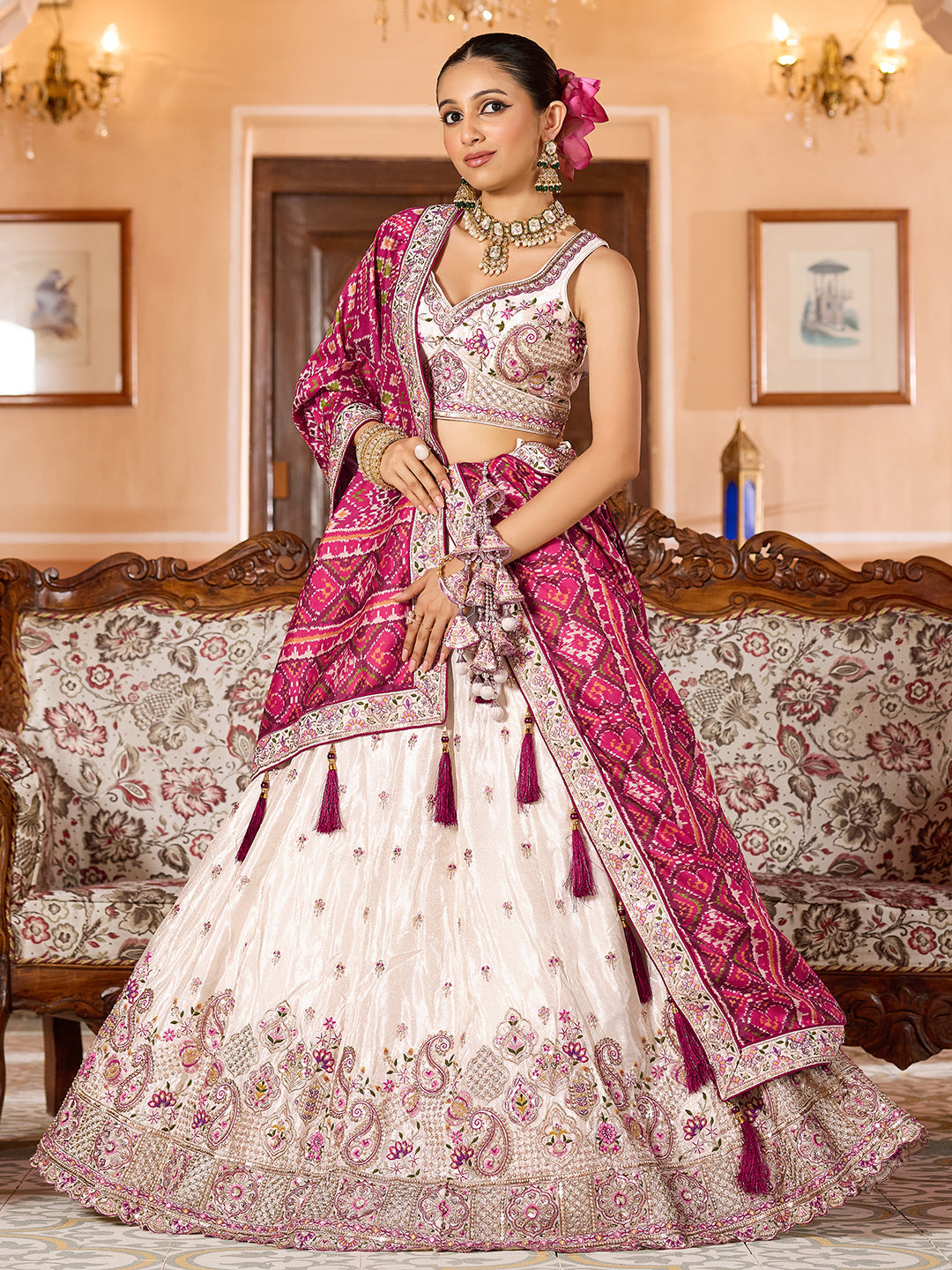 MAROON - Tissue Fabric Sequins embroidery Lehenga & Unstitched Blouse With Burgundy Color Dupatta