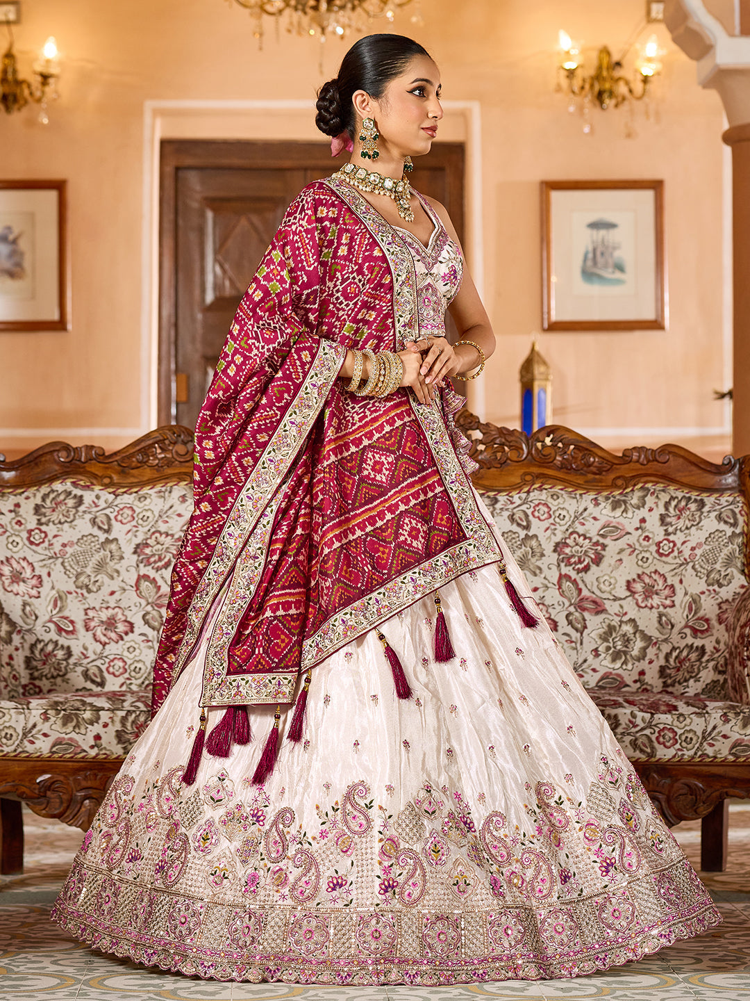 MAROON - Tissue Fabric Sequins embroidery Lehenga & Unstitched Blouse With Burgundy Color Dupatta