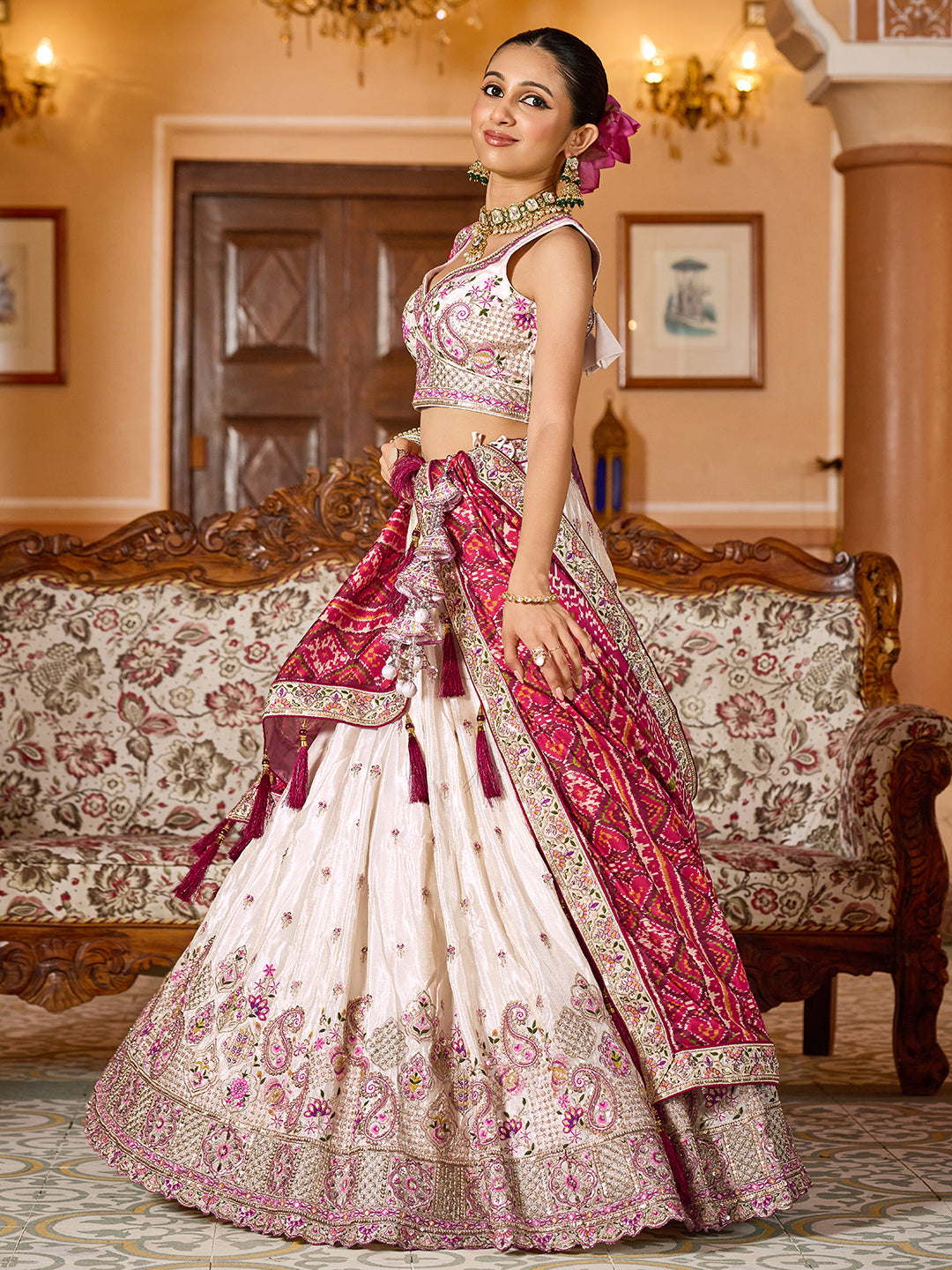 MAROON - Tissue Fabric Sequins embroidery Lehenga & Unstitched Blouse With Burgundy Color Dupatta