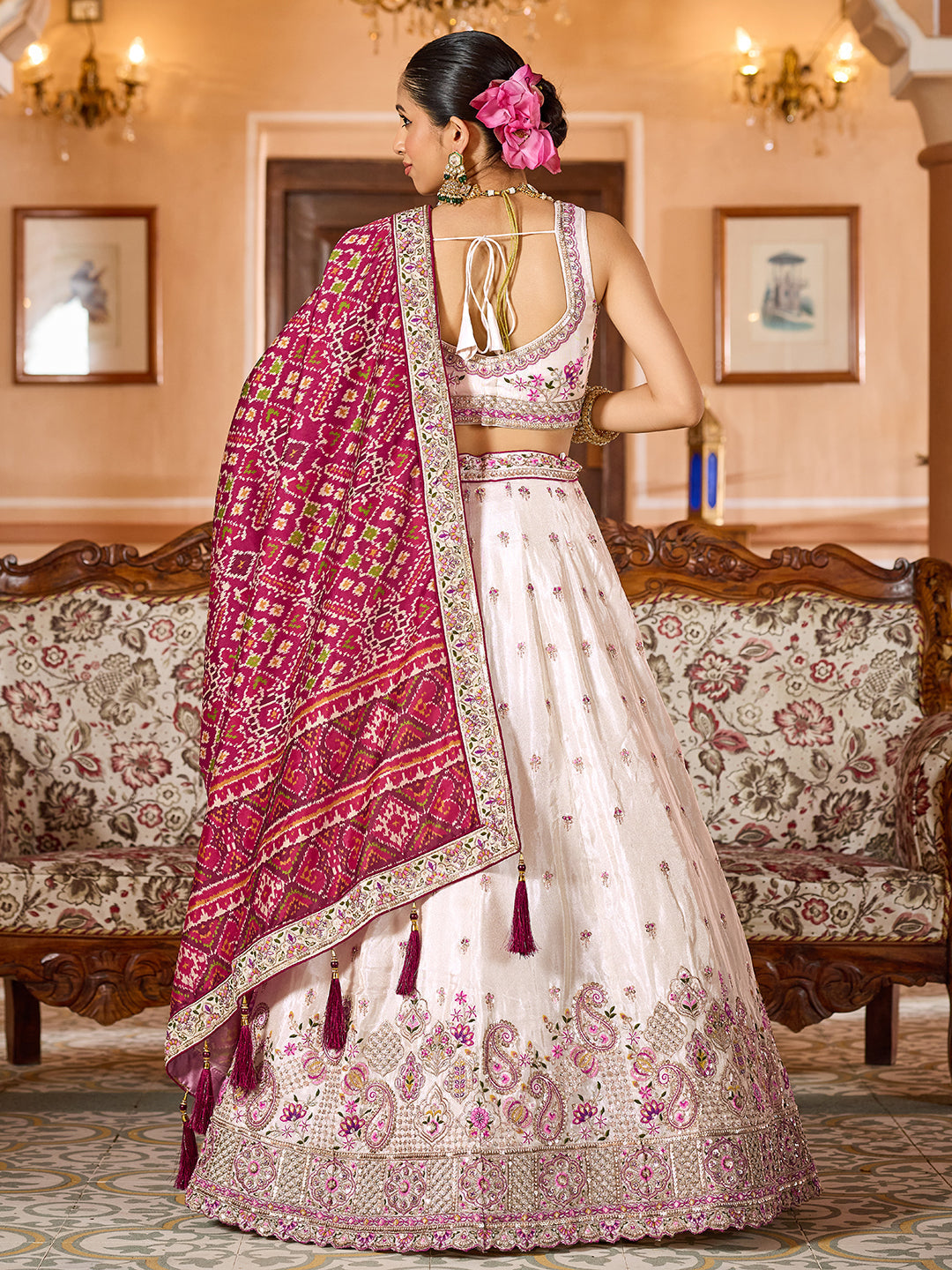 MAROON - Tissue Fabric Sequins embroidery Lehenga & Unstitched Blouse With Burgundy Color Dupatta