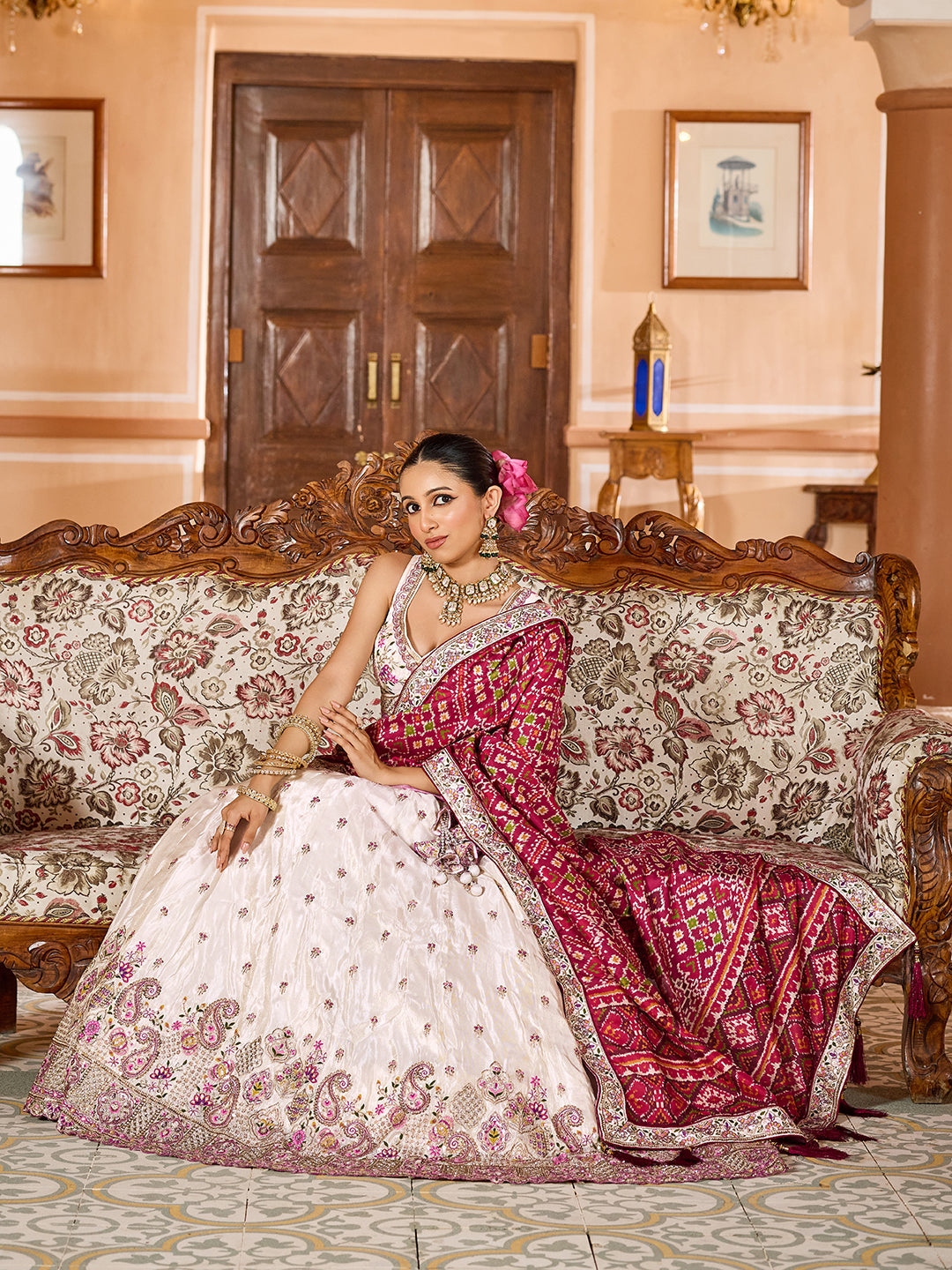 MAROON - Tissue Fabric Sequins embroidery Lehenga & Unstitched Blouse With Burgundy Color Dupatta