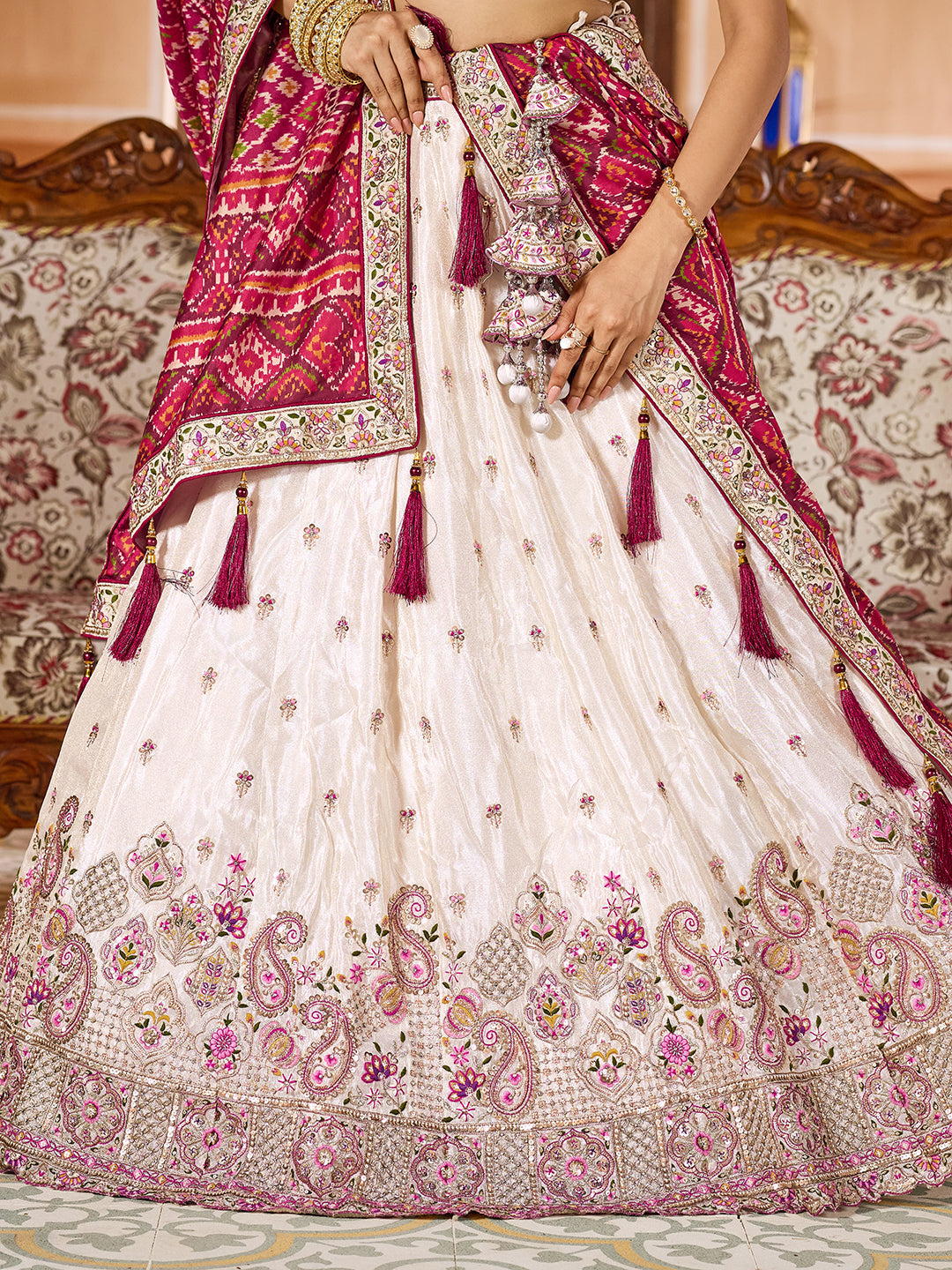MAROON - Tissue Fabric Sequins embroidery Lehenga & Unstitched Blouse With Burgundy Color Dupatta