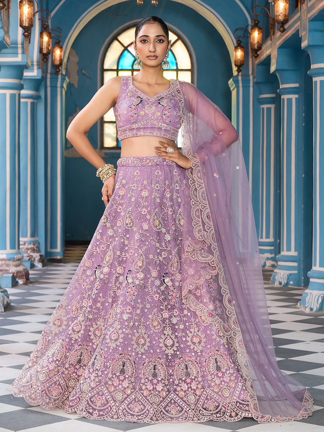 MAUVE - Net Fabric Sequins embroidery Lehenga & Unstitched Blouse With Dupatta