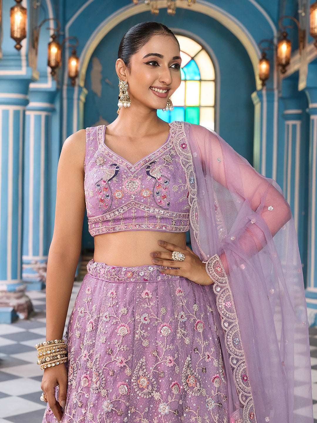 MAUVE - Net Fabric Sequins embroidery Lehenga & Unstitched Blouse With Dupatta