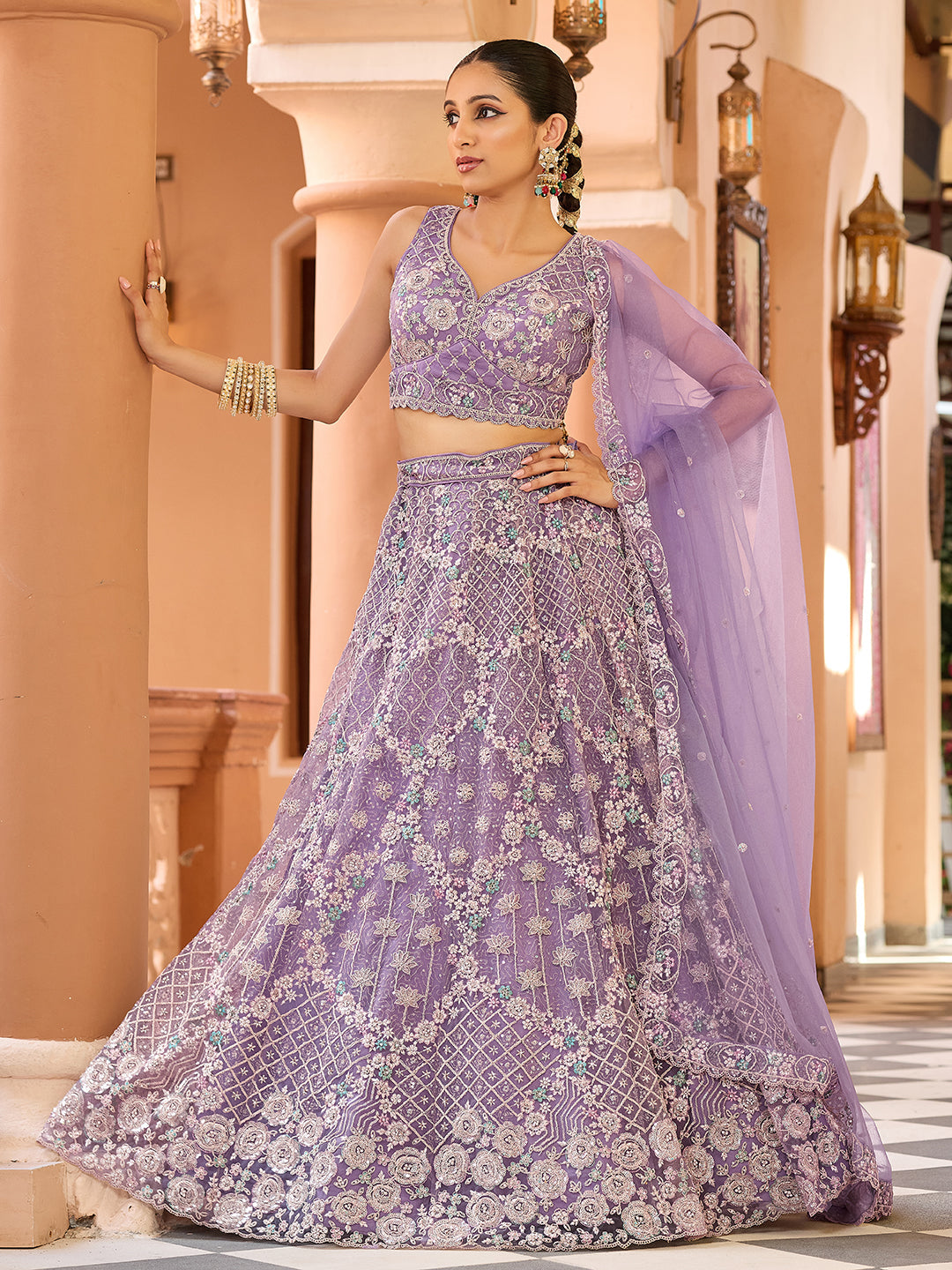 MAUVE - Net Fabric Sequins embroidery Semi-Stitched Lehenga & Unstitched Blouse With Dupatta