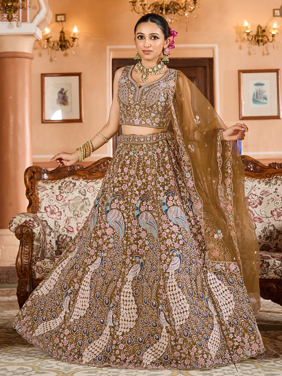 MUSTARD - Net Fabric Sequins embroidery Lehenga & Unstitched Blouse With Dupatta