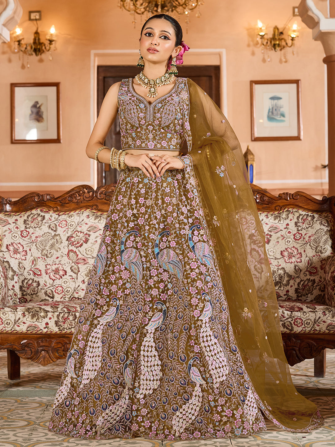 MUSTARD - Net Fabric Sequins embroidery Lehenga & Unstitched Blouse With Dupatta