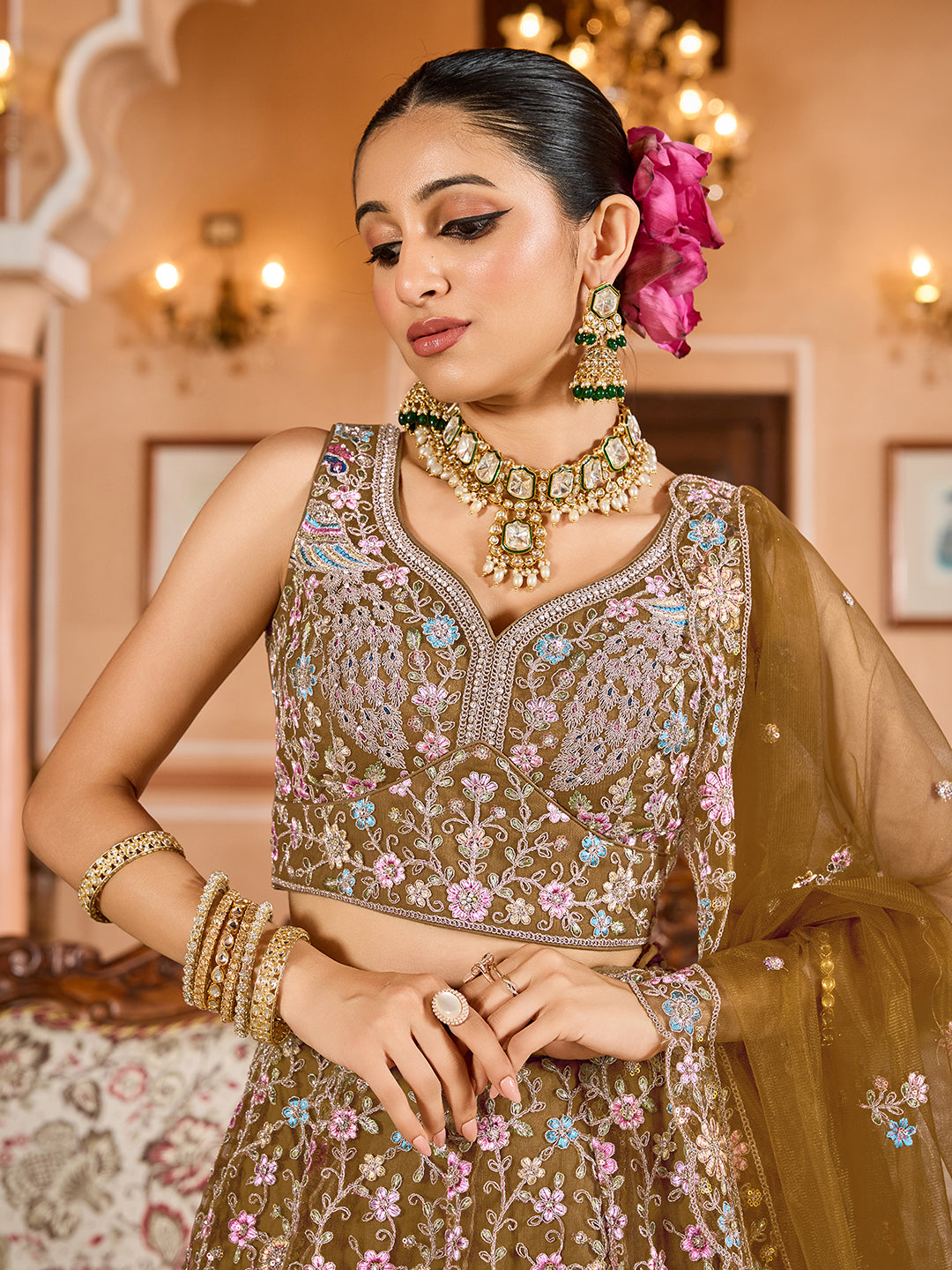 MUSTARD - Net Fabric Sequins embroidery Lehenga & Unstitched Blouse With Dupatta