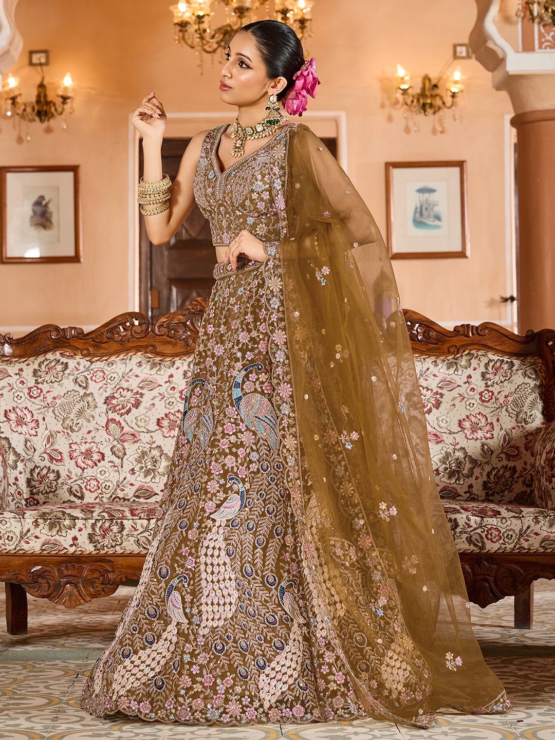 MUSTARD - Net Fabric Sequins embroidery Lehenga & Unstitched Blouse With Dupatta