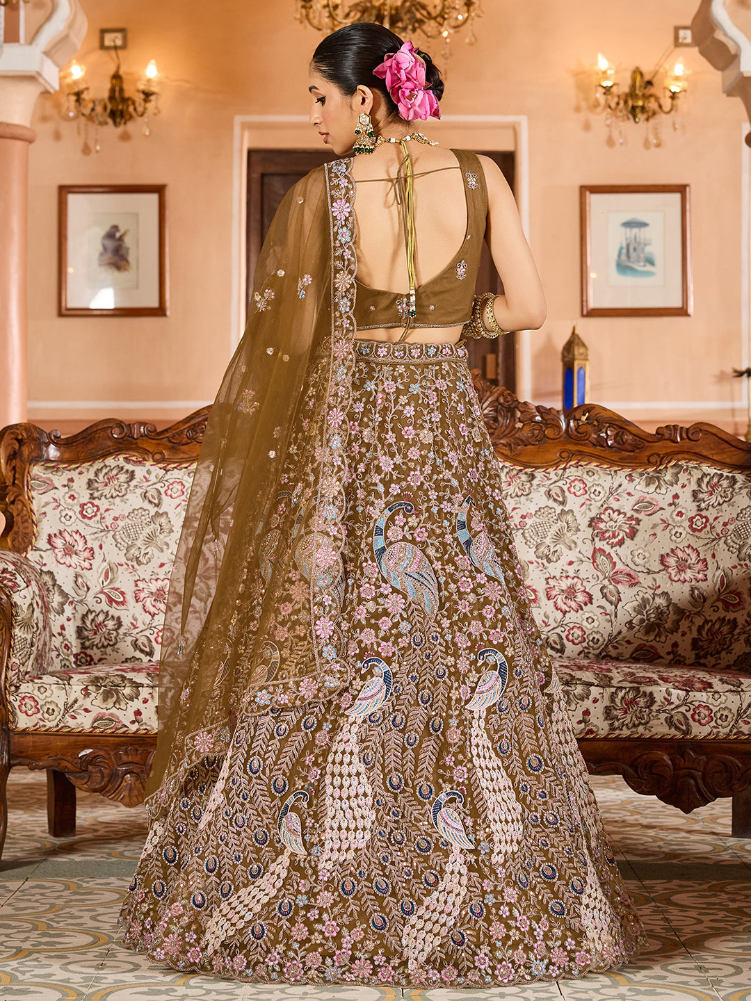 MUSTARD - Net Fabric Sequins embroidery Lehenga & Unstitched Blouse With Dupatta