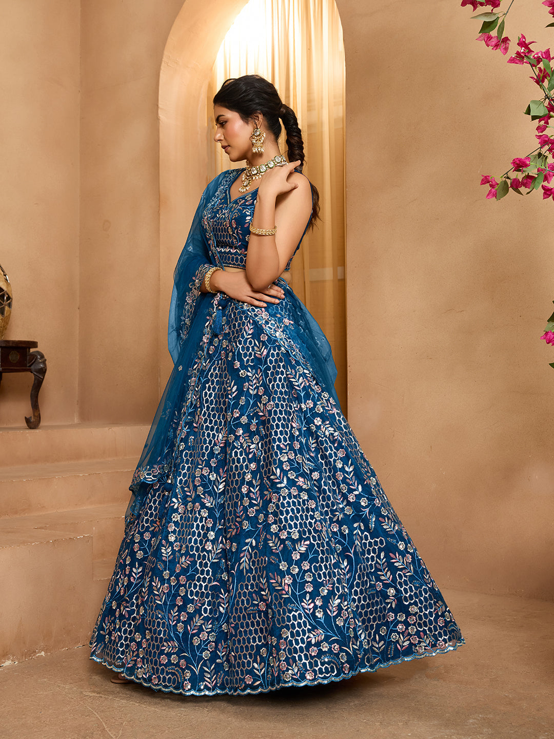 Navyblue- Net Fabric Sequins embroidery Semi-Stitched Lehenga & Unstitched Blouse With Dupatta - qivii