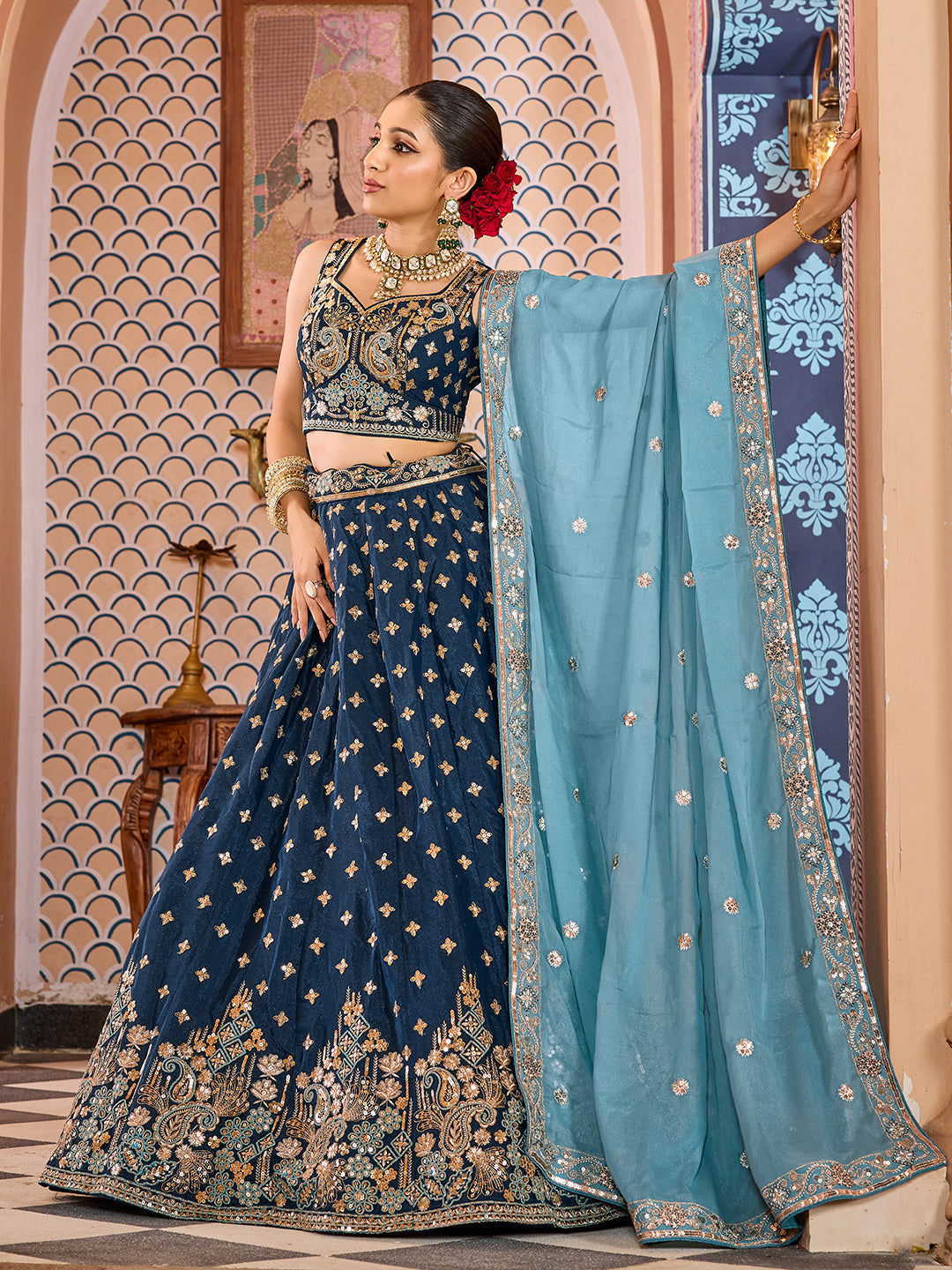 NAVYBLUE - Tissue Silk Fabric Sequins embroidery Lehenga & Unstitched Blouse With Dupatta