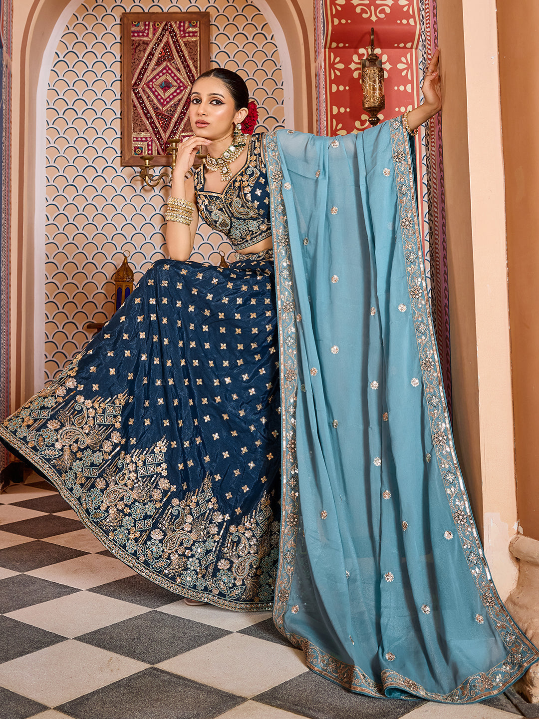 NAVYBLUE - Tissue Silk Fabric Sequins embroidery Lehenga & Unstitched Blouse With Dupatta