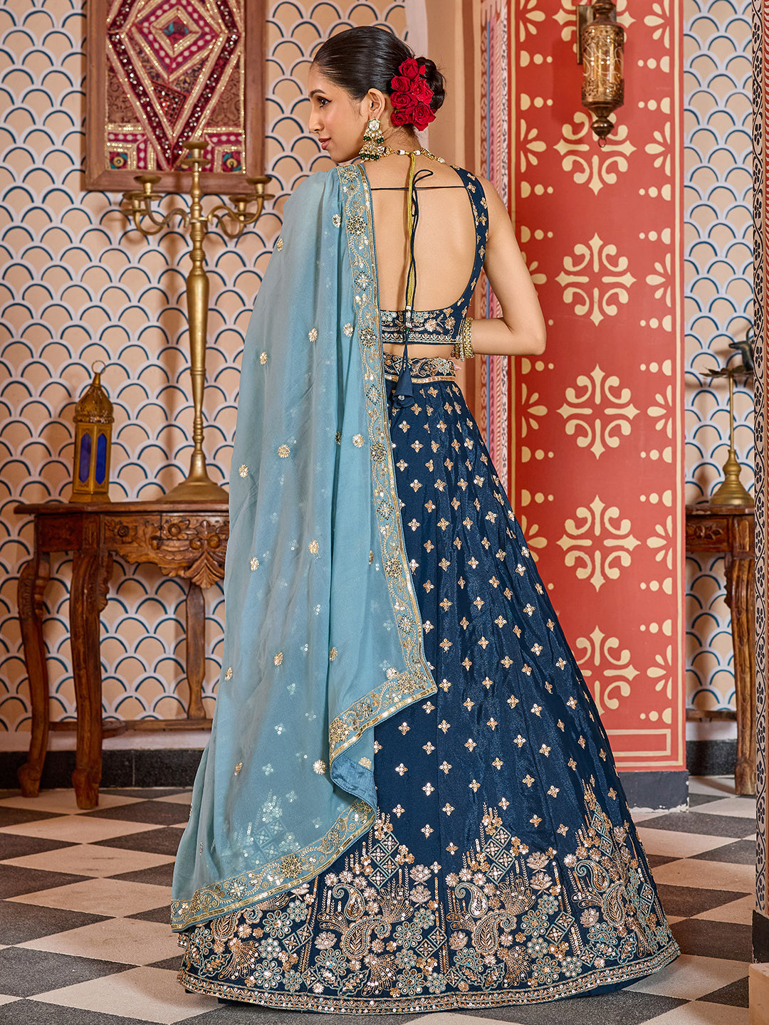 NAVYBLUE - Tissue Silk Fabric Sequins embroidery Lehenga & Unstitched Blouse With Dupatta