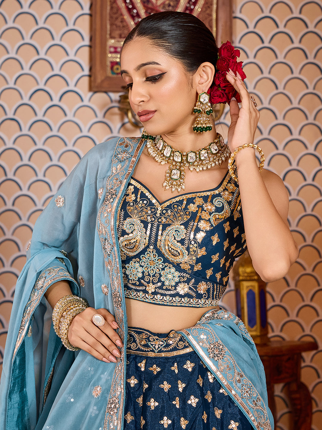 NAVYBLUE - Tissue Silk Fabric Sequins embroidery Lehenga & Unstitched Blouse With Dupatta