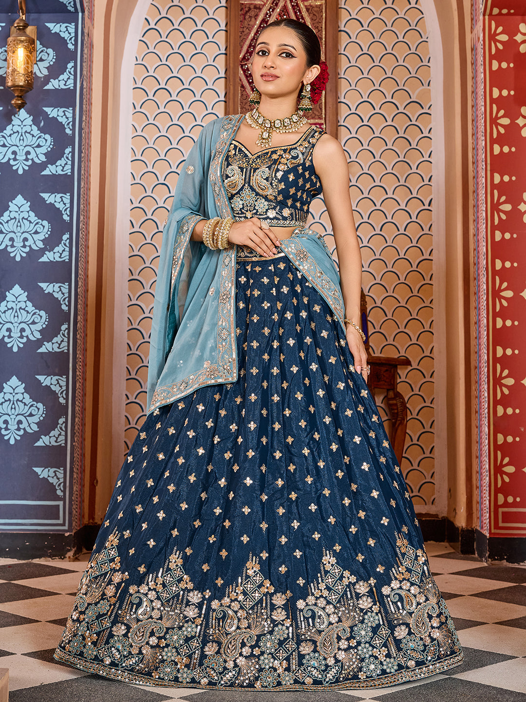 NAVYBLUE - Tissue Silk Fabric Sequins embroidery Lehenga & Unstitched Blouse With Dupatta