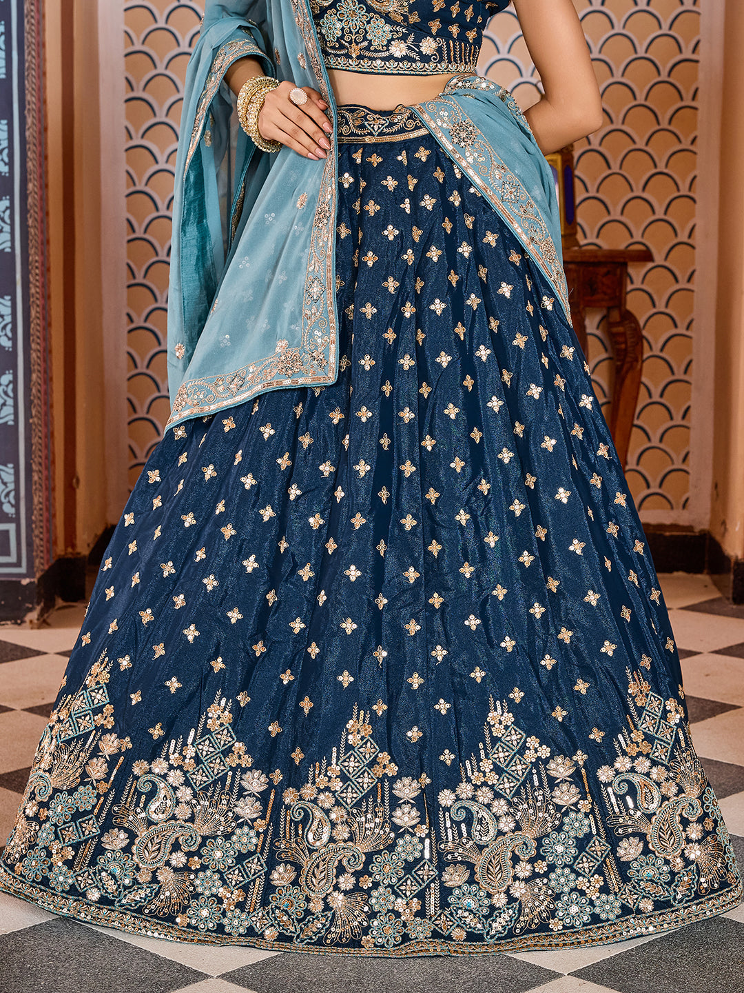 NAVYBLUE - Tissue Silk Fabric Sequins embroidery Lehenga & Unstitched Blouse With Dupatta