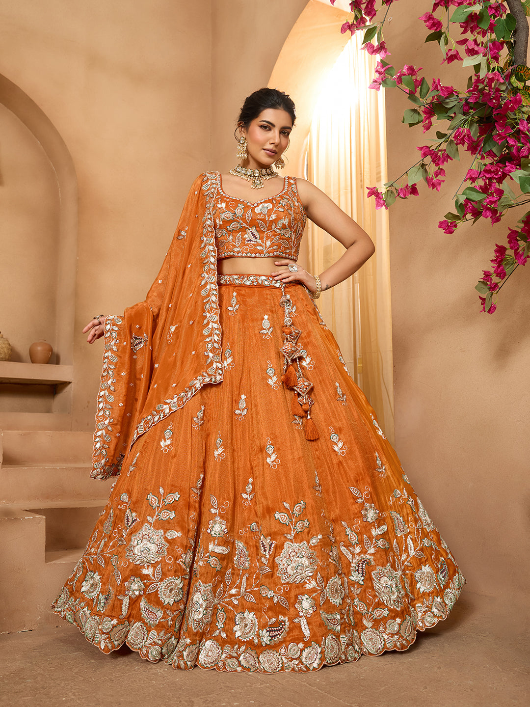 Orange- Tissue Fabric Sequins embroidery Semi-Stitched Lehenga & Unstitched Blouse With Dupatta - qivii