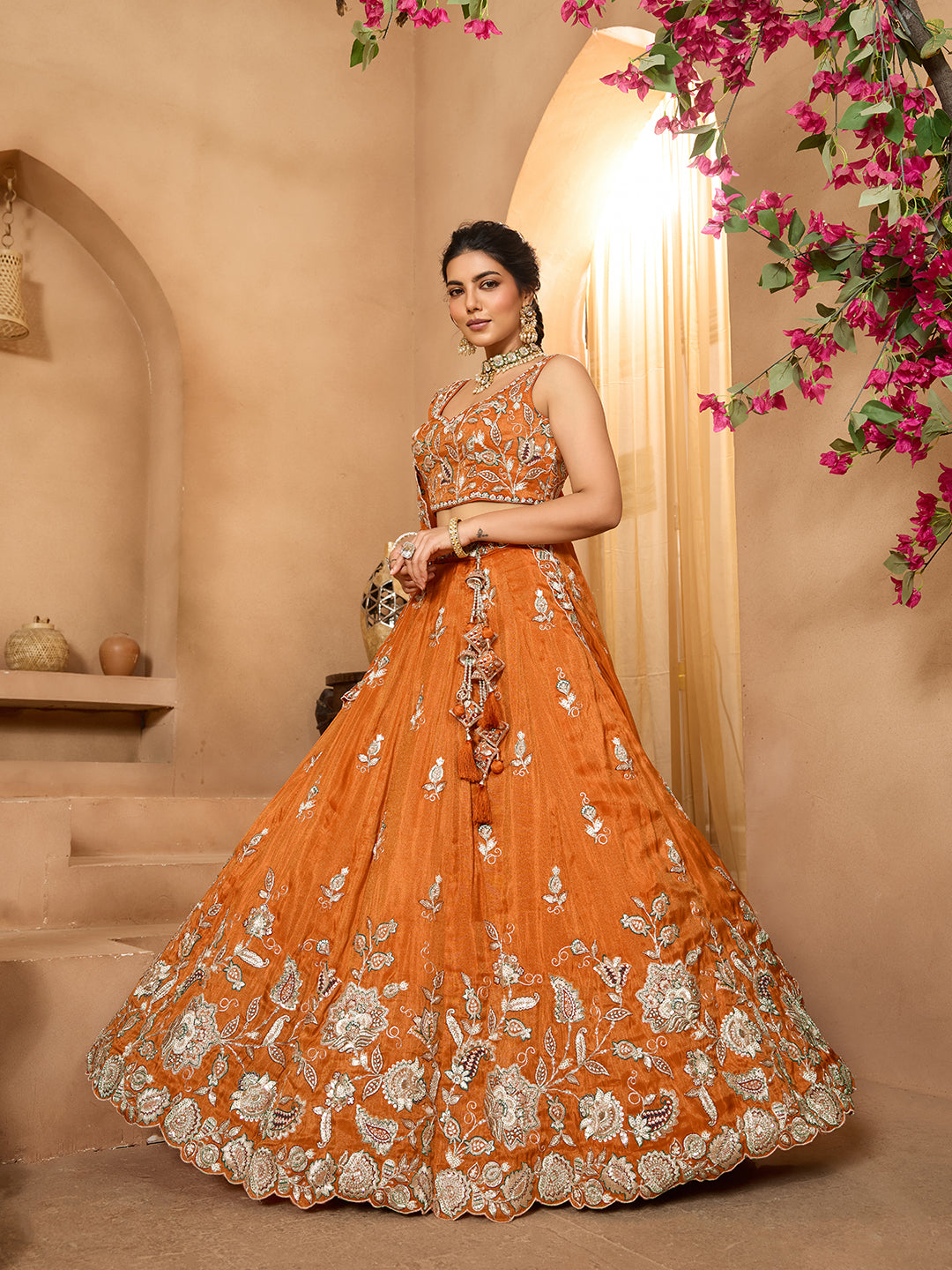 Orange- Tissue Fabric Sequins embroidery Semi-Stitched Lehenga & Unstitched Blouse With Dupatta - qivii