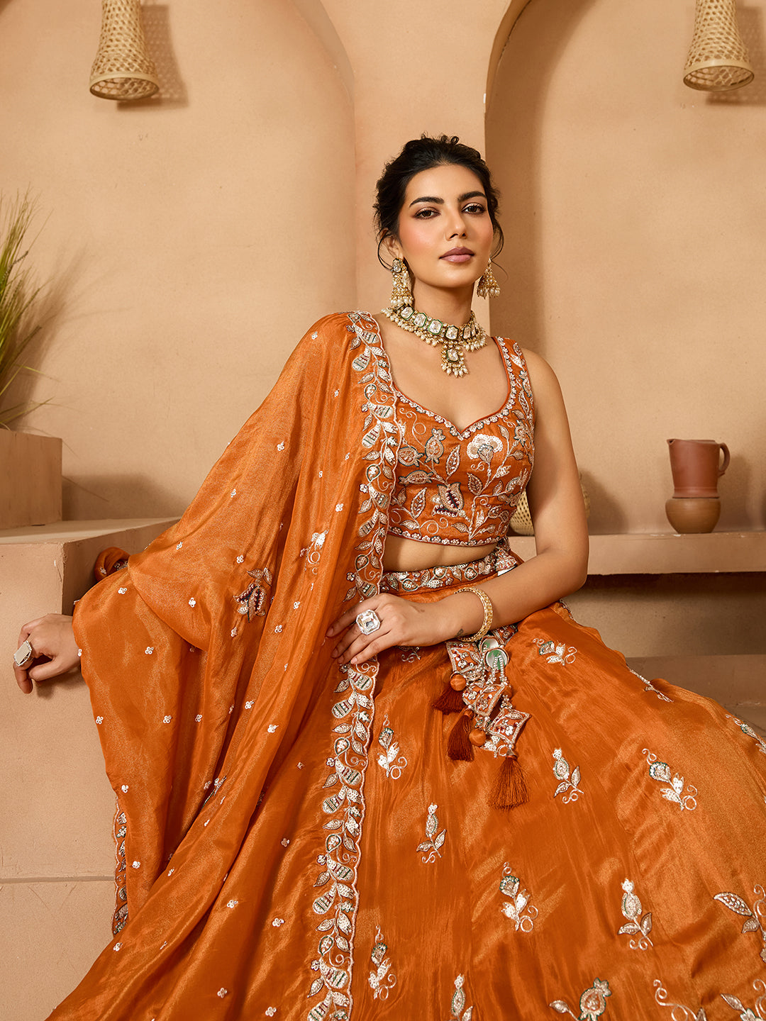 Orange- Tissue Fabric Sequins embroidery Semi-Stitched Lehenga & Unstitched Blouse With Dupatta - qivii