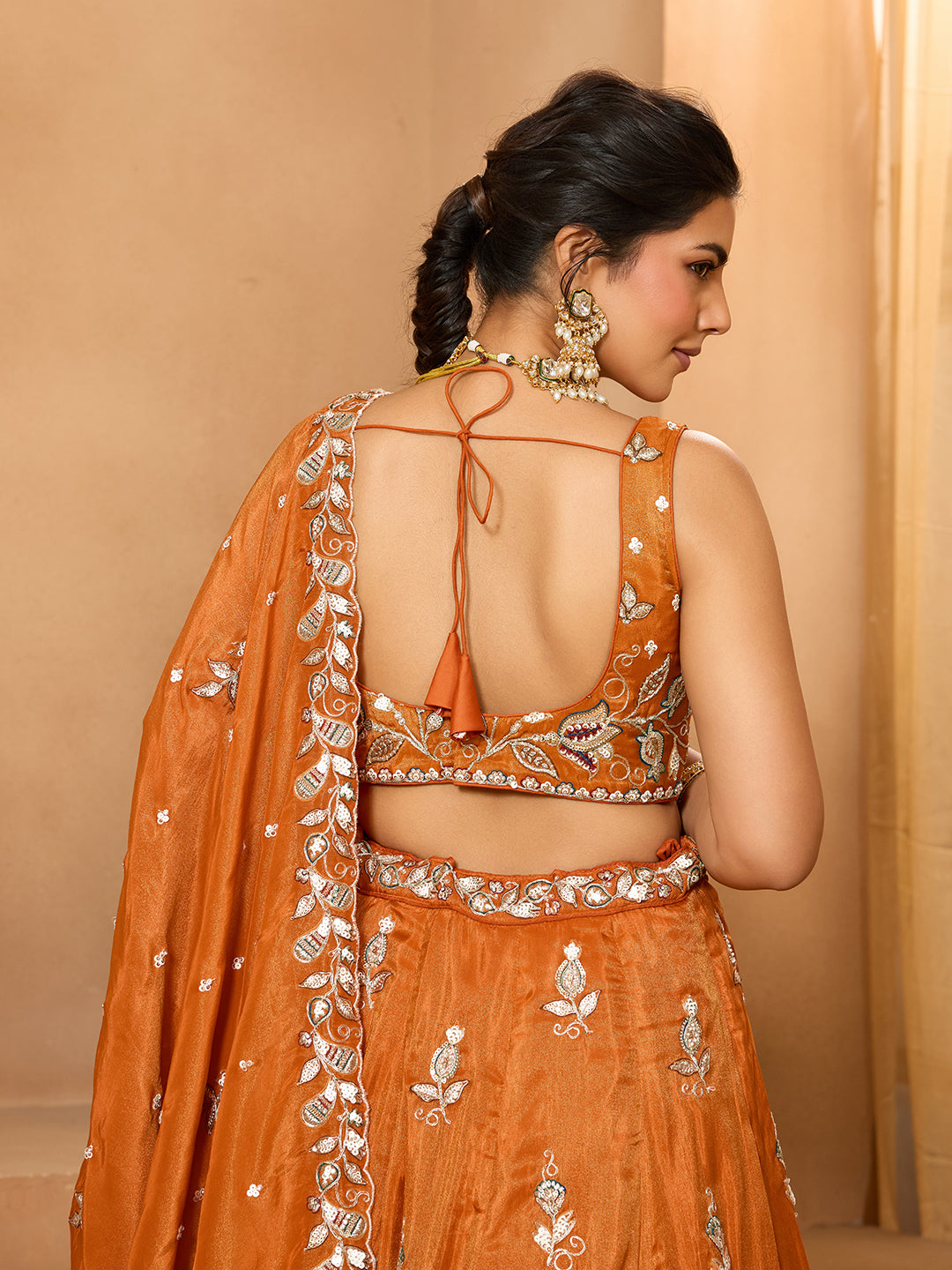Orange- Tissue Fabric Sequins embroidery Semi-Stitched Lehenga & Unstitched Blouse With Dupatta - qivii
