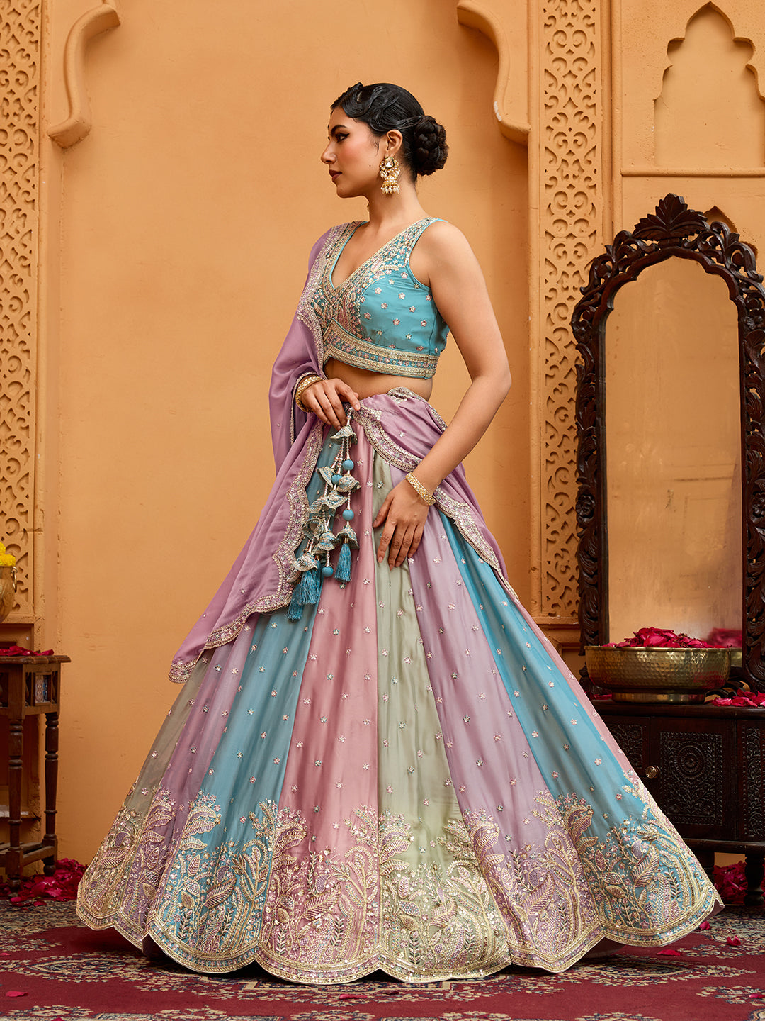 Peach- Georgette Fabric Sequins embroidery Semi-Stitched Lehenga & Unstitched Blouse With Dupatta - qivii