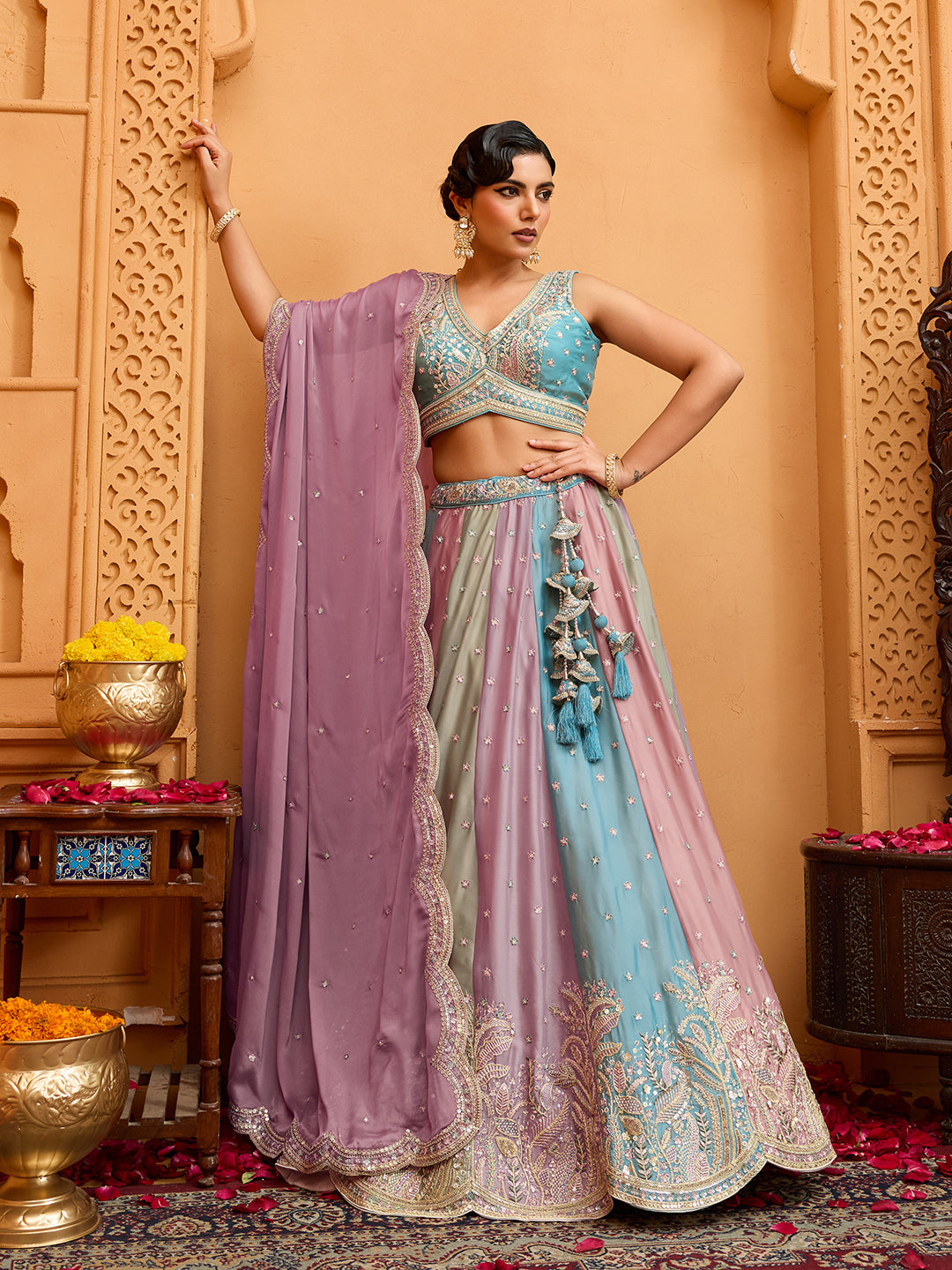 Peach- Georgette Fabric Sequins embroidery Semi-Stitched Lehenga & Unstitched Blouse With Dupatta - qivii