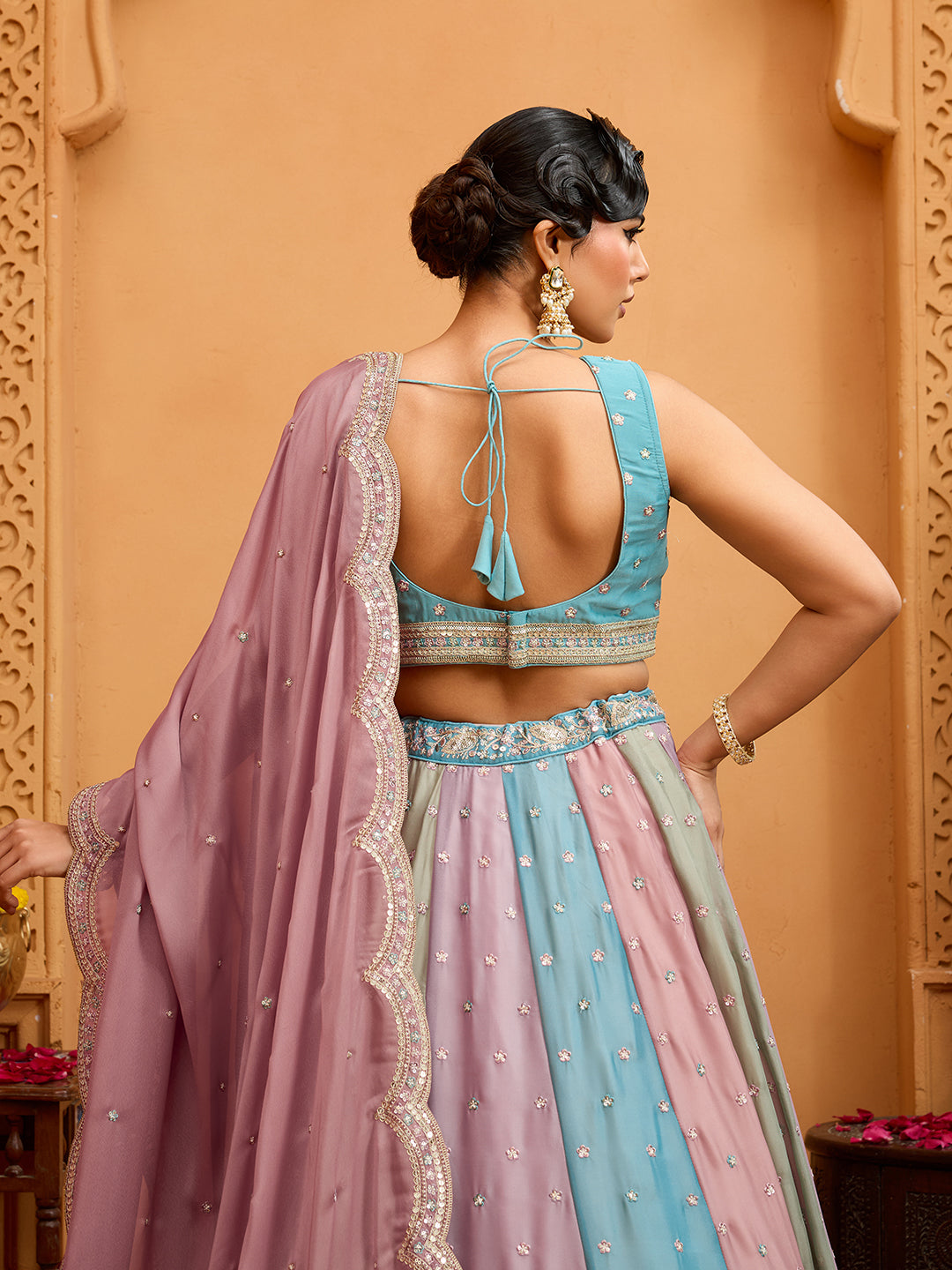 Peach- Georgette Fabric Sequins embroidery Semi-Stitched Lehenga & Unstitched Blouse With Dupatta - qivii
