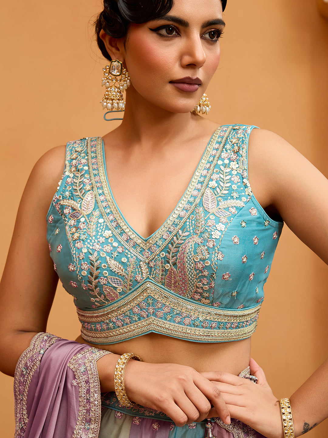 Peach- Georgette Fabric Sequins embroidery Semi-Stitched Lehenga & Unstitched Blouse With Dupatta - qivii