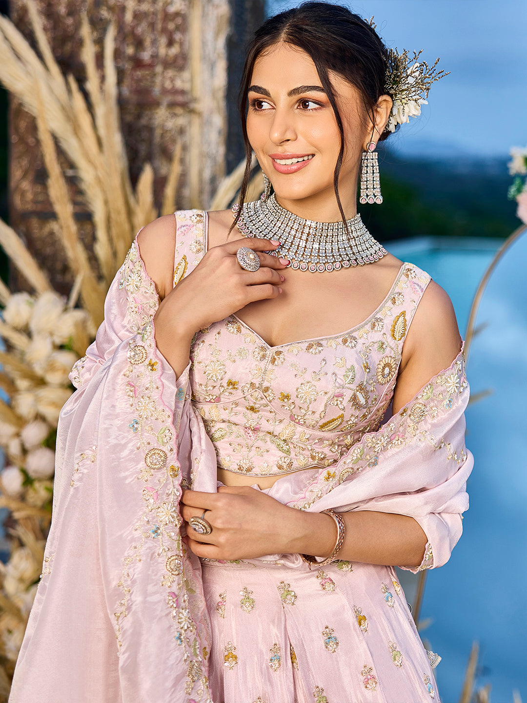 Pink - Tissue Fabric Beads & Sequince Embroidered Ready to Wear Lehenga Choli & Dupatta