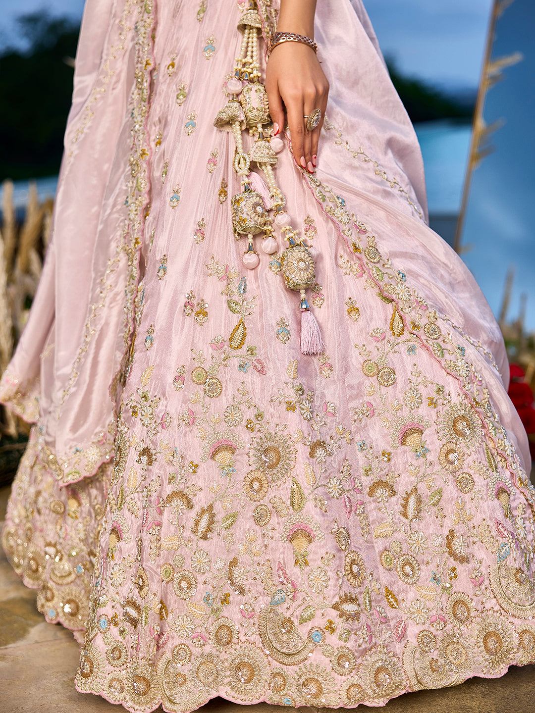 Pink - Tissue Fabric Beads & Sequince Embroidered Ready to Wear Lehenga Choli & Dupatta