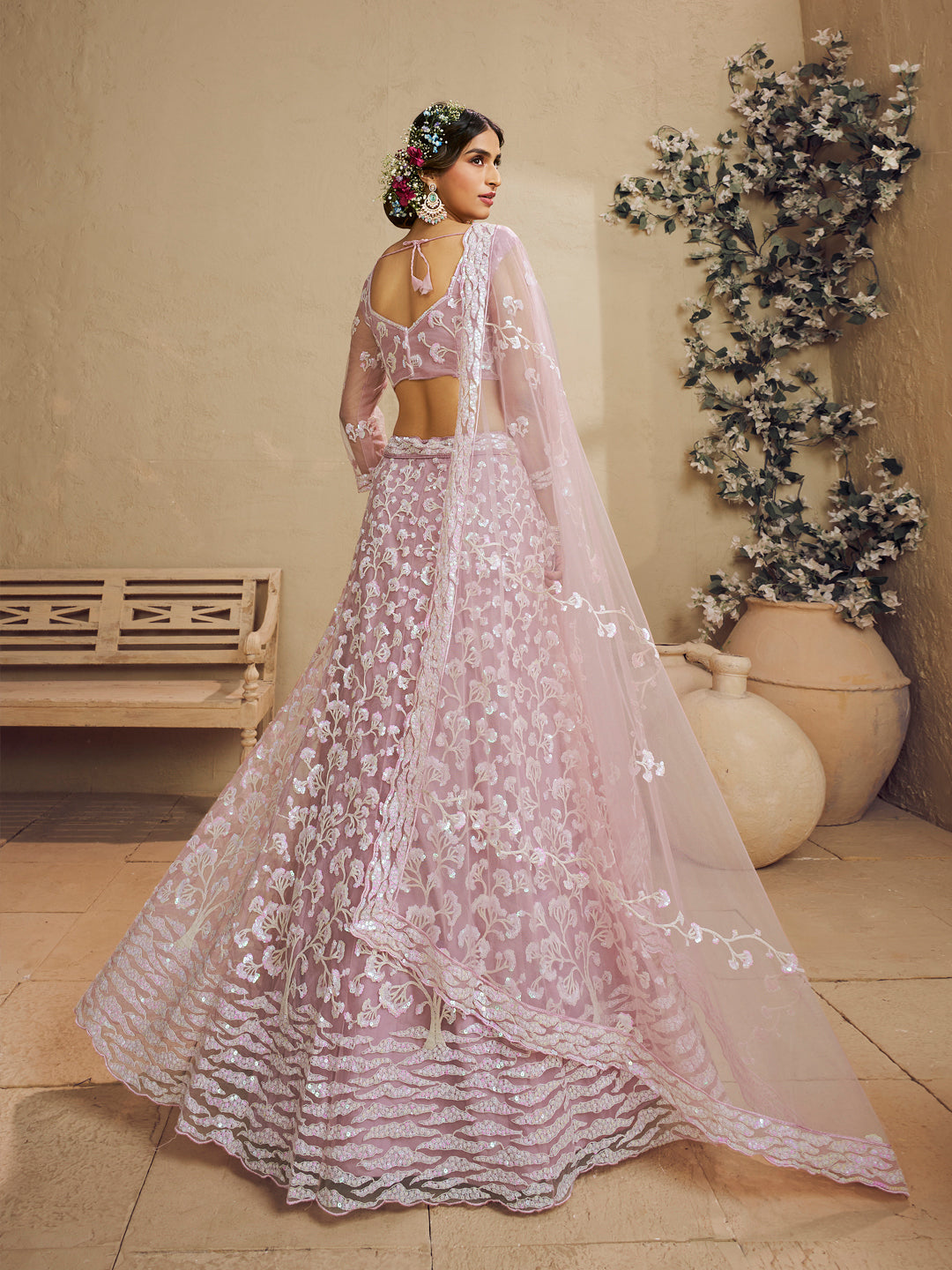 Pink Color Net Fabric Sequins embroidery Lehenga choli & Dupatta - qivii