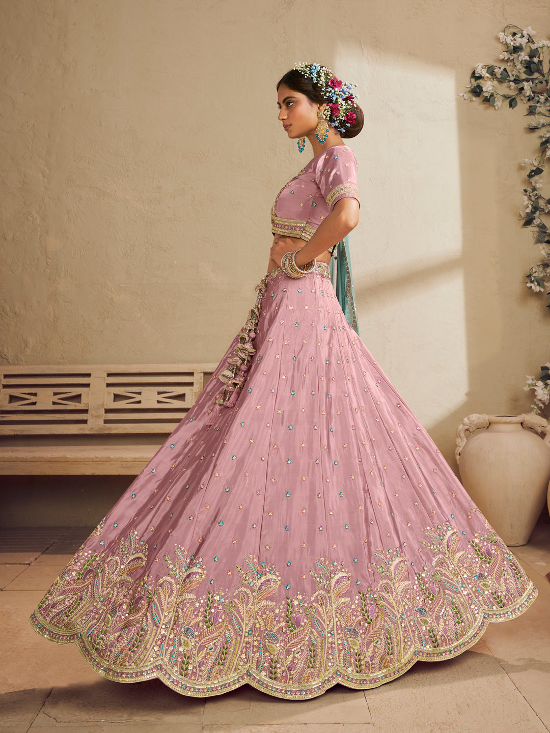 Pink Color Satin Silk Fabric Sequins embroidery Lehenga choli & Dupatta - qivii