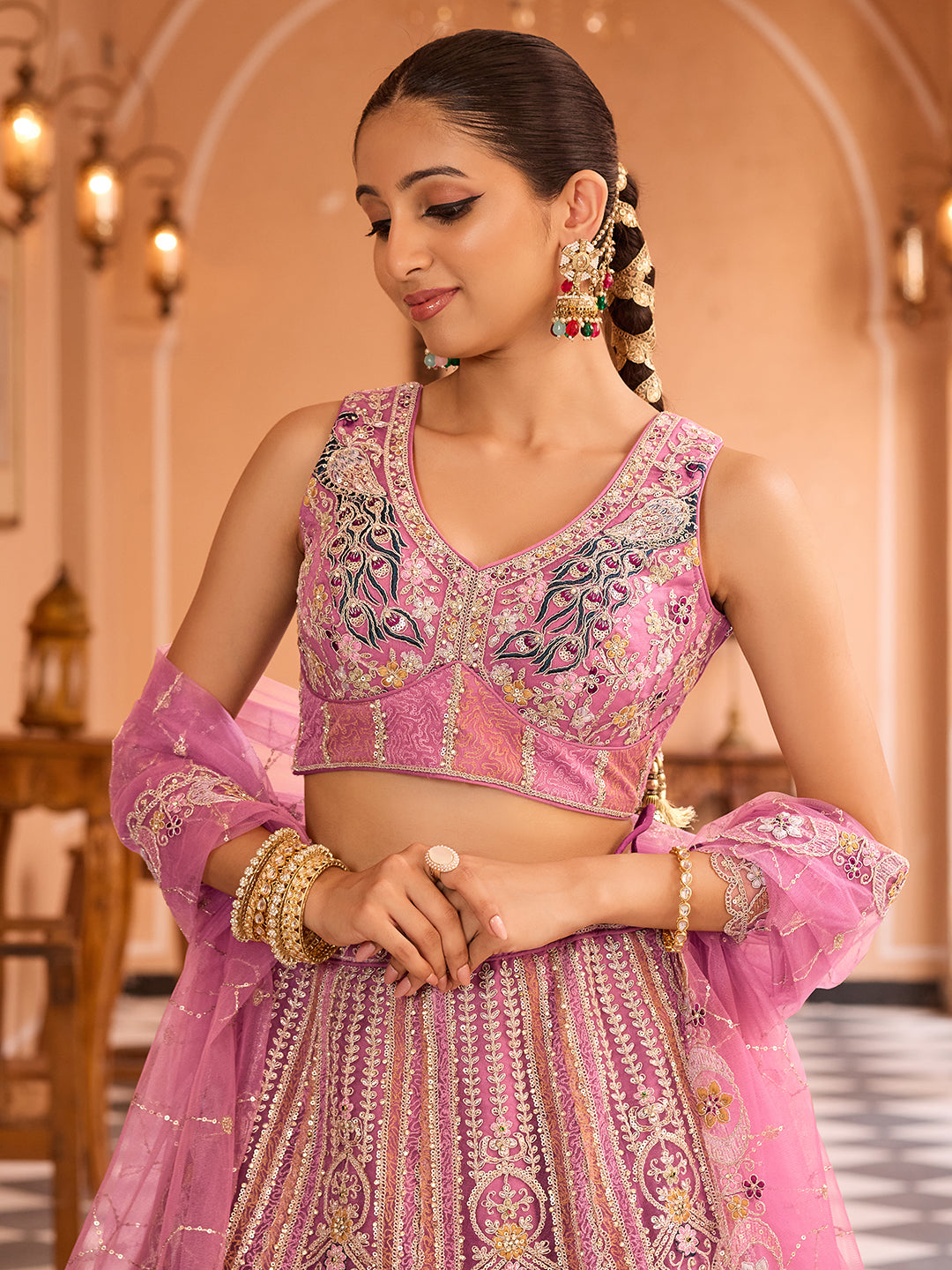 PINK - Net Fabric Sequins embroidery Semi-Stitched Lehenga & Unstitched Blouse With Dupatta