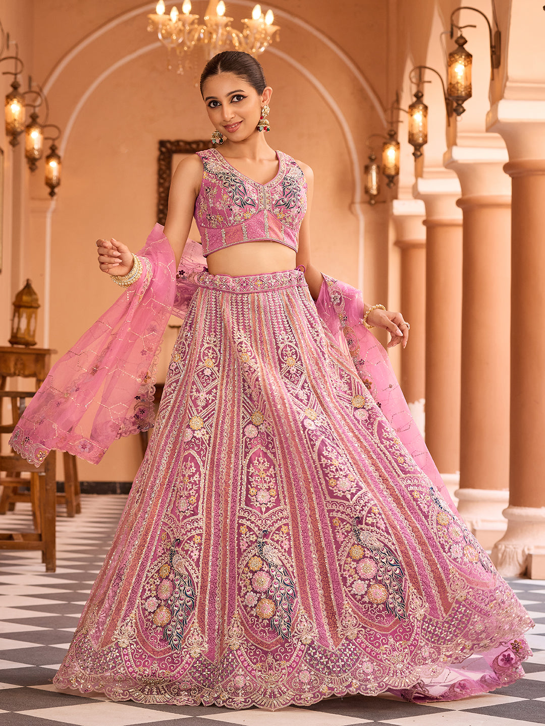PINK - Net Fabric Sequins embroidery Semi-Stitched Lehenga & Unstitched Blouse With Dupatta