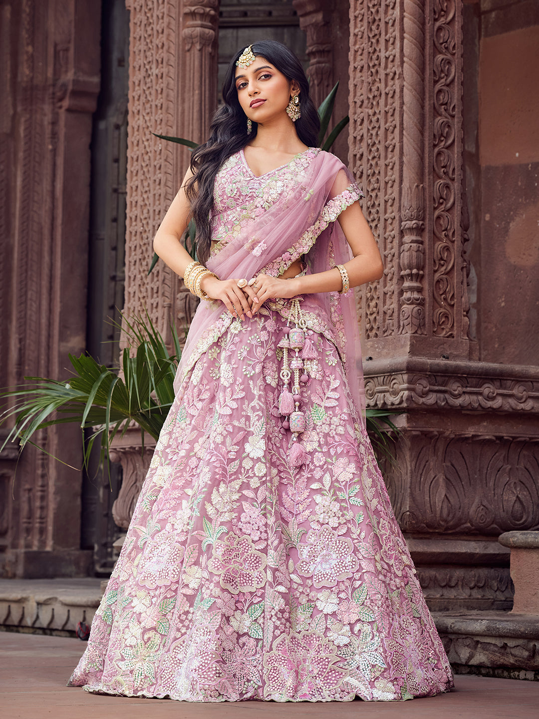 PINK - Net Fabric Sequins embroidery Lehenga & Unstitched Blouse With Dupatta