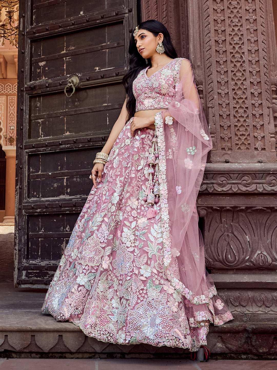 PINK - Net Fabric Sequins embroidery Lehenga & Unstitched Blouse With Dupatta