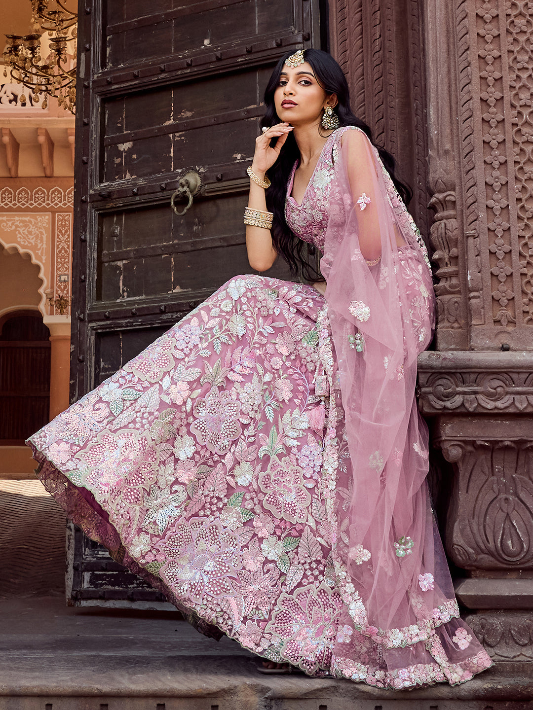 PINK - Net Fabric Sequins embroidery Lehenga & Unstitched Blouse With Dupatta