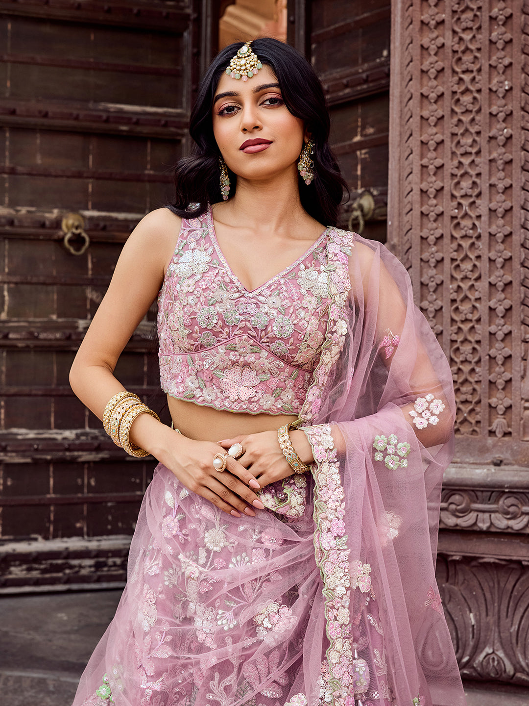 PINK - Net Fabric Sequins embroidery Lehenga & Unstitched Blouse With Dupatta