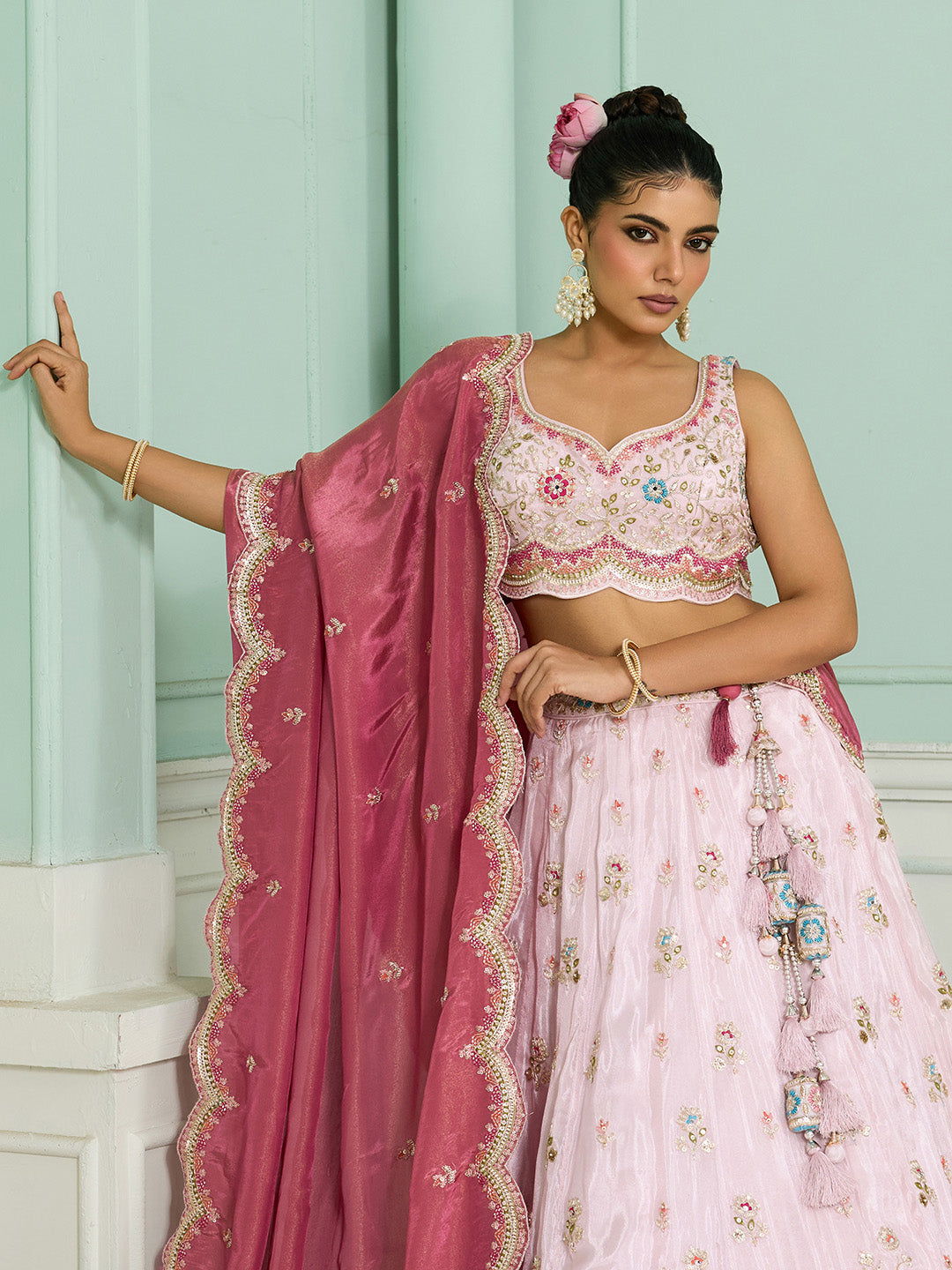 Pink- Tissue Fabric Sequins embroidery Semi-Stitched Lehenga & Unstitched Blouse With Dupatta - qivii