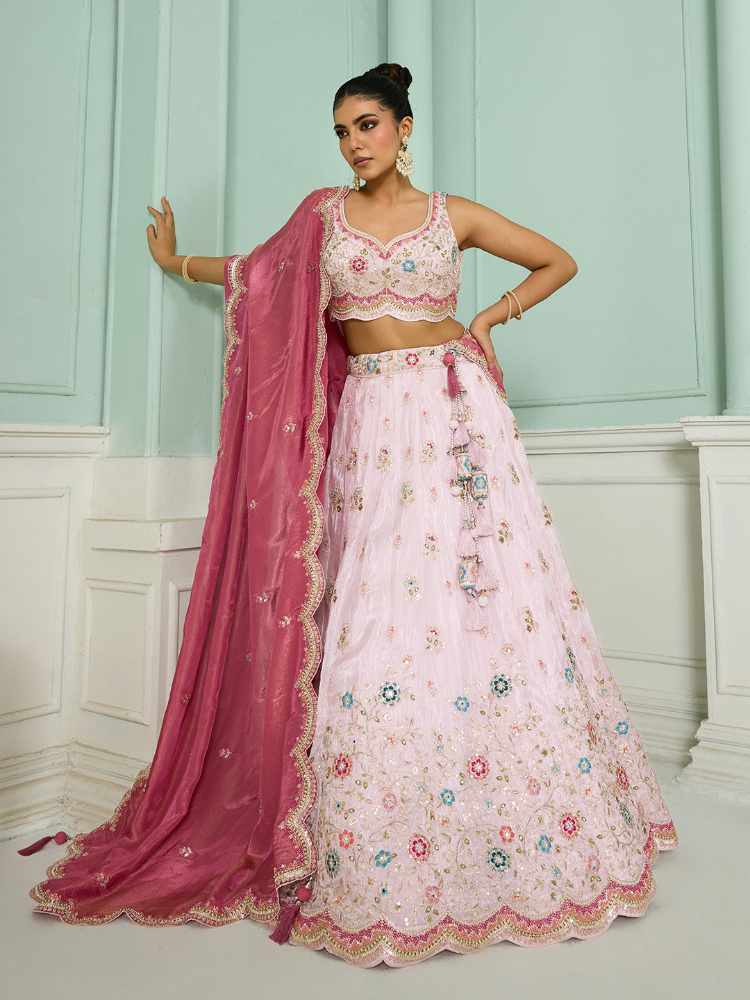Pink- Tissue Fabric Sequins embroidery Semi-Stitched Lehenga & Unstitched Blouse With Dupatta - qivii