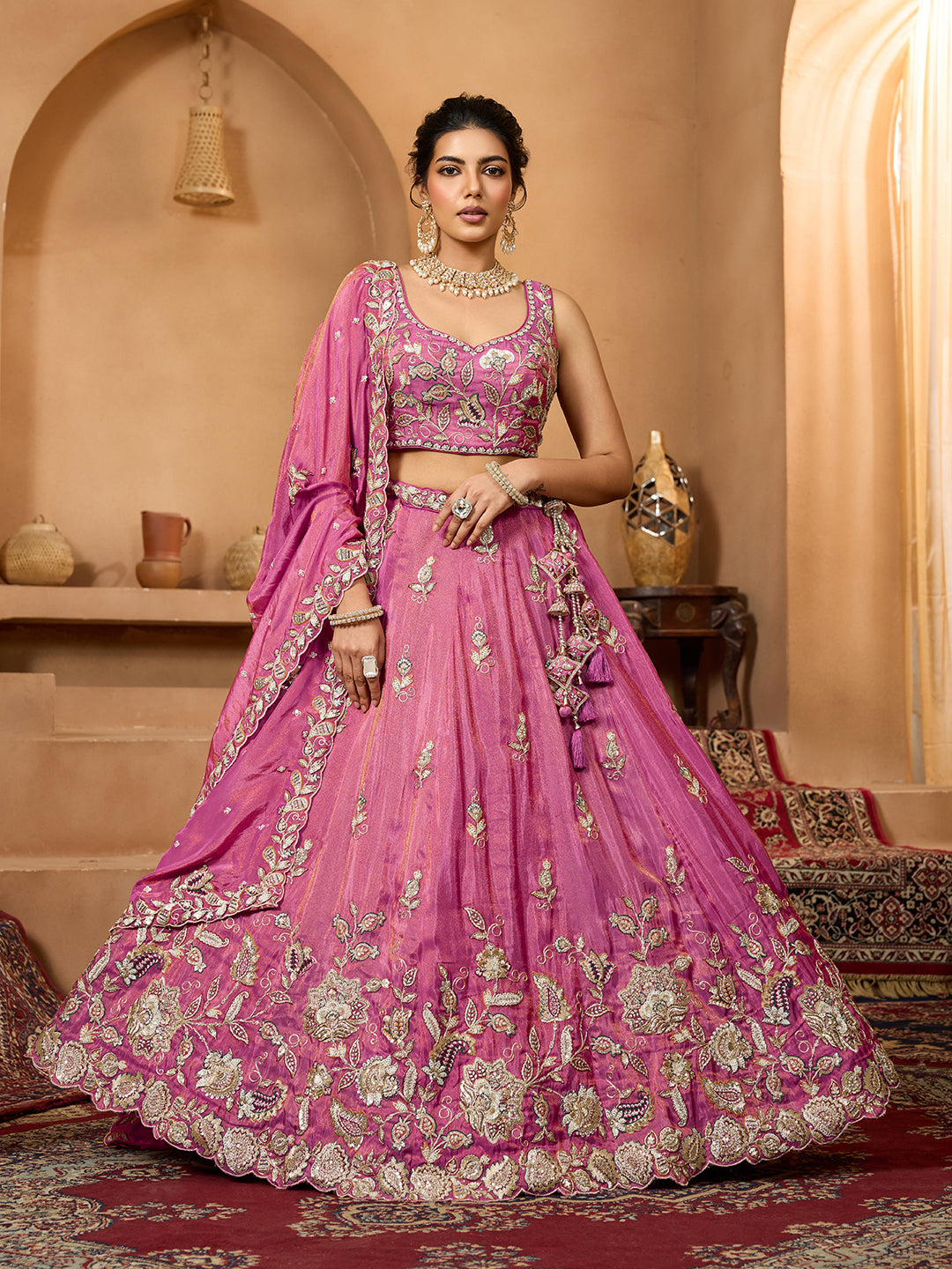Pink- Tissue Fabric Sequins embroidery Semi-Stitched Lehenga & Unstitched Blouse With Dupatta - qivii