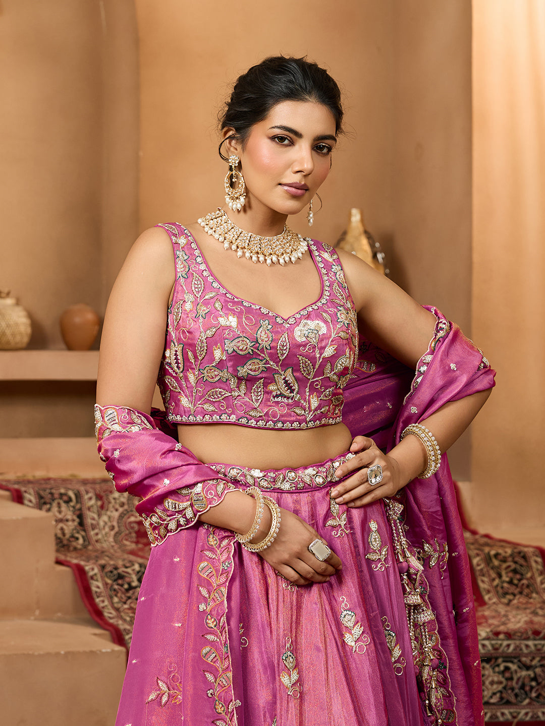Pink- Tissue Fabric Sequins embroidery Semi-Stitched Lehenga & Unstitched Blouse With Dupatta - qivii