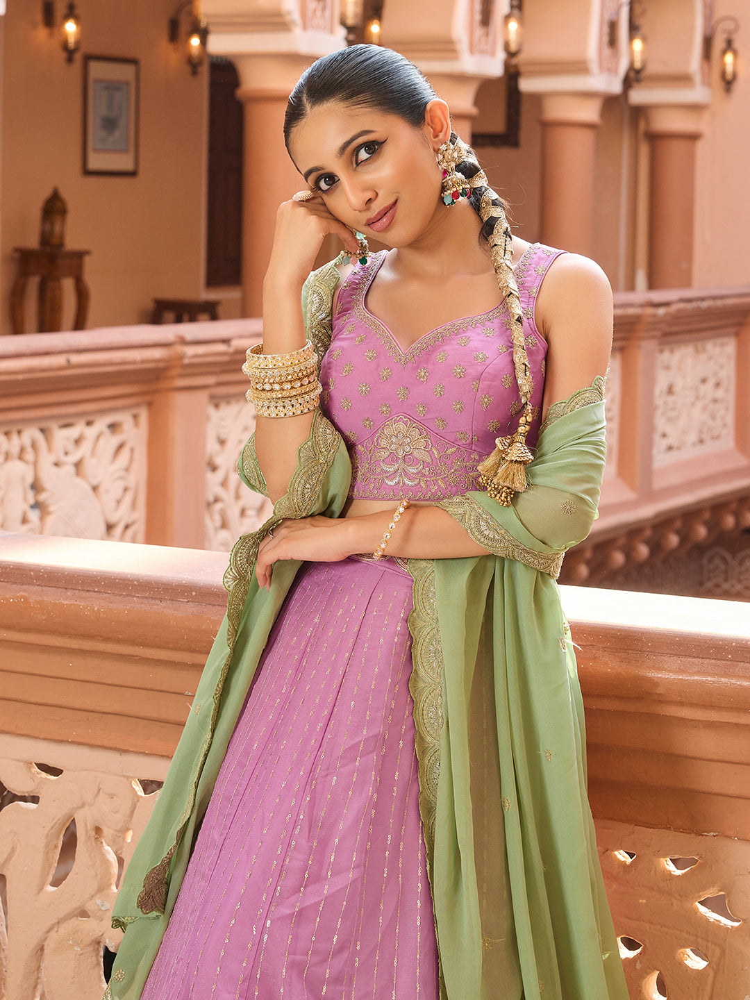 Pink- Tissue Silk Fabric Sequins embroidery Lehenga & Unstitched Blouse With Dupatta