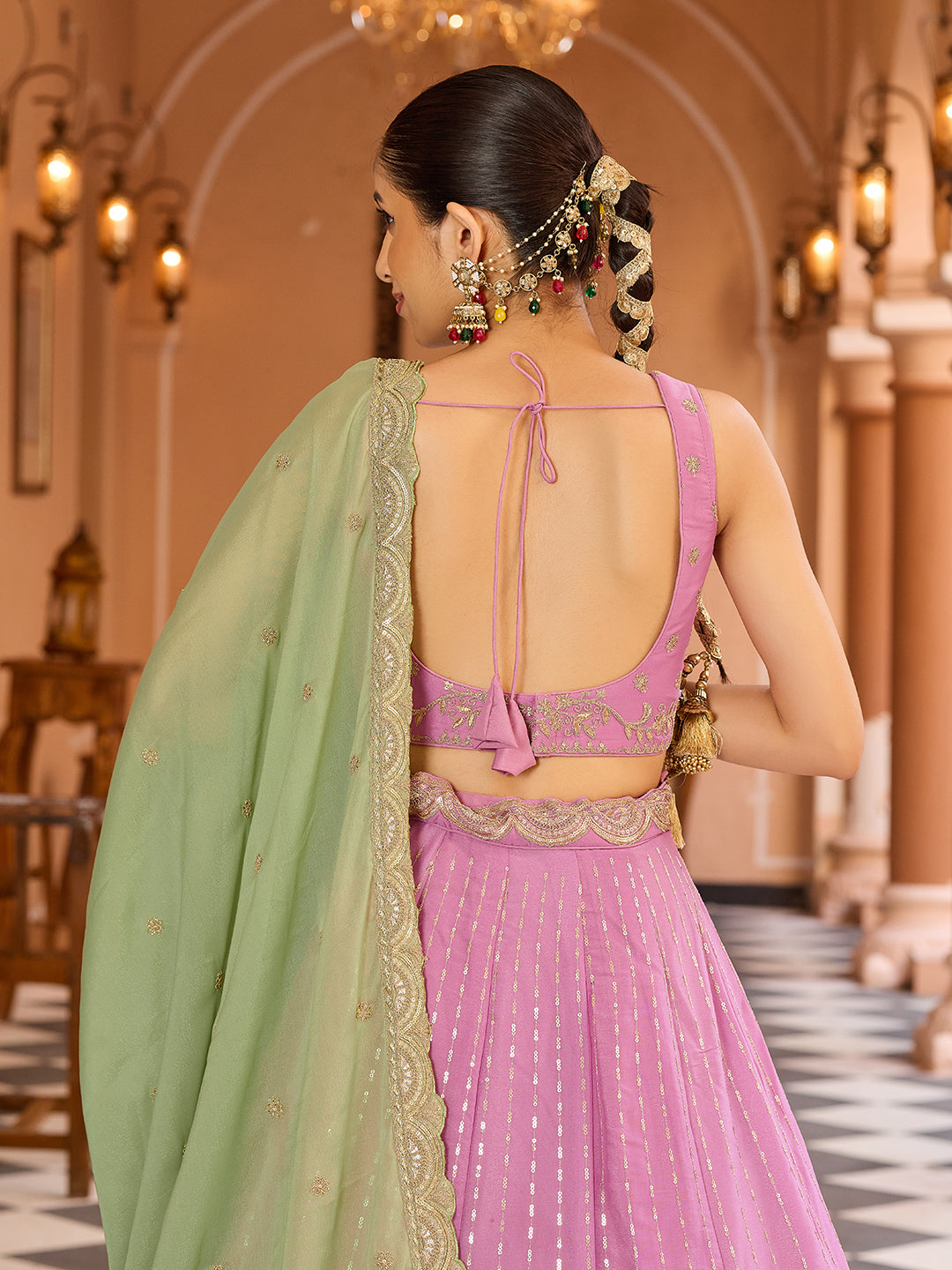 Pink- Tissue Silk Fabric Sequins embroidery Lehenga & Unstitched Blouse With Dupatta
