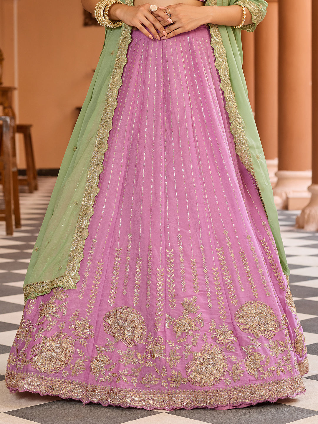 Pink- Tissue Silk Fabric Sequins embroidery Lehenga & Unstitched Blouse With Dupatta