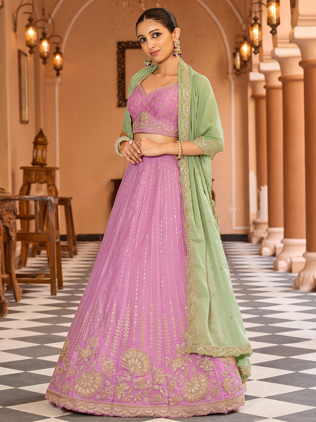 Pink- Tissue Silk Fabric Sequins embroidery Lehenga & Unstitched Blouse With Dupatta