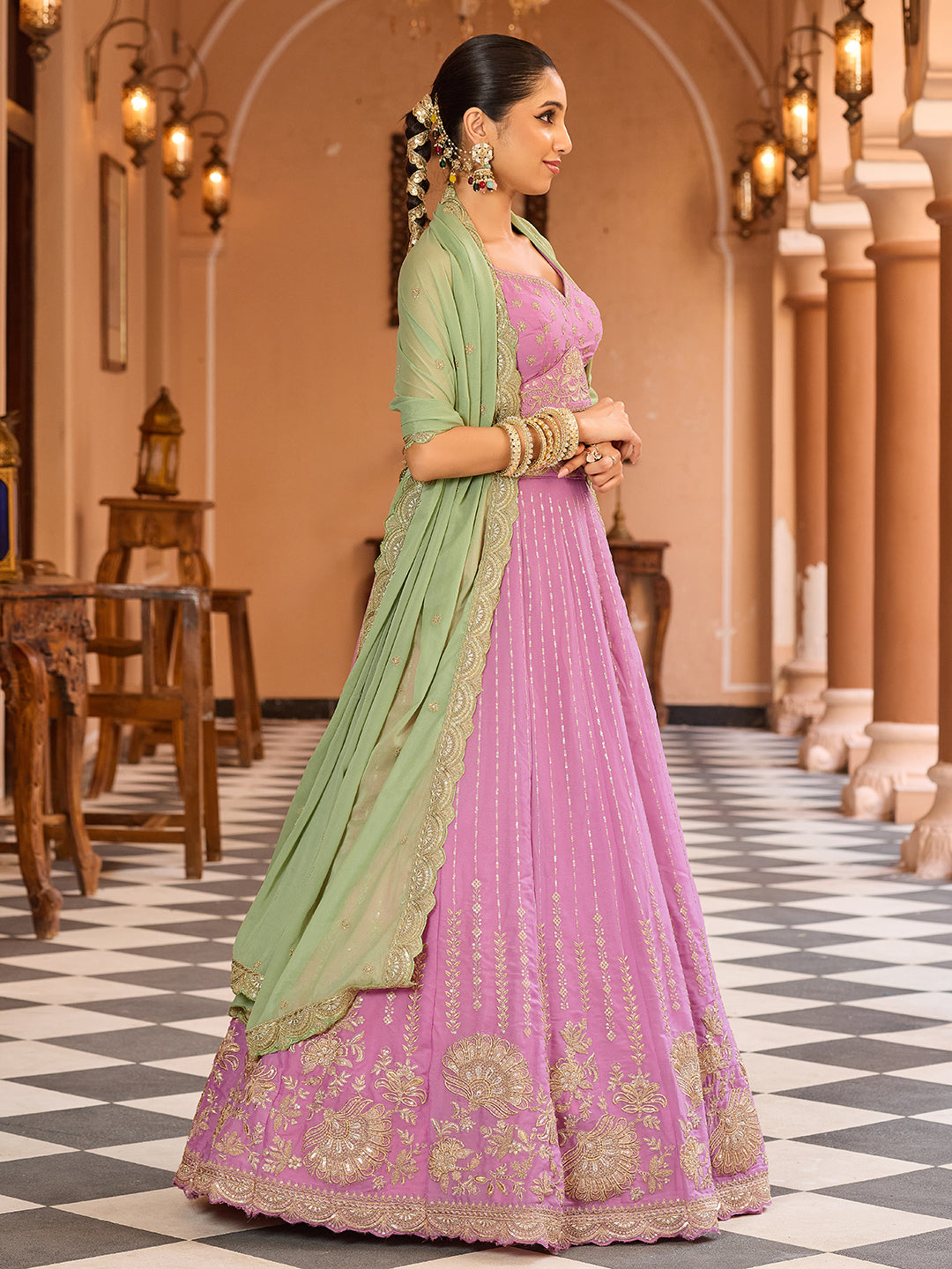 Pink- Tissue Silk Fabric Sequins embroidery Lehenga & Unstitched Blouse With Dupatta