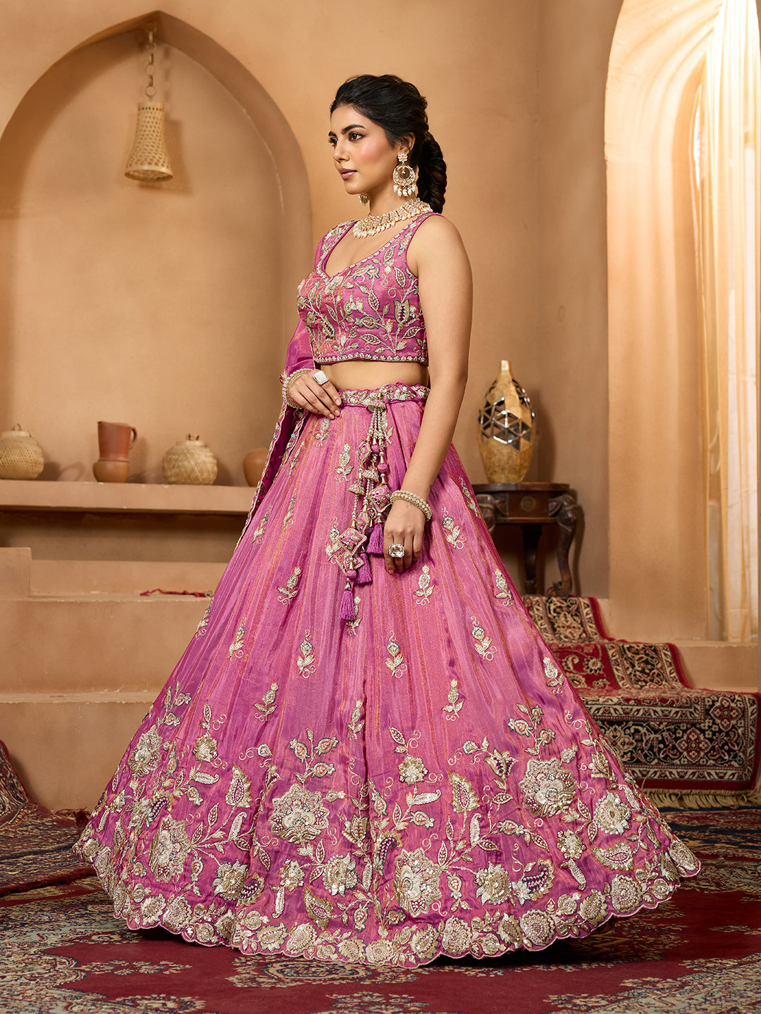 Pink- Tissue Fabric Sequins embroidery Semi-Stitched Lehenga & Unstitched Blouse With Dupatta - qivii